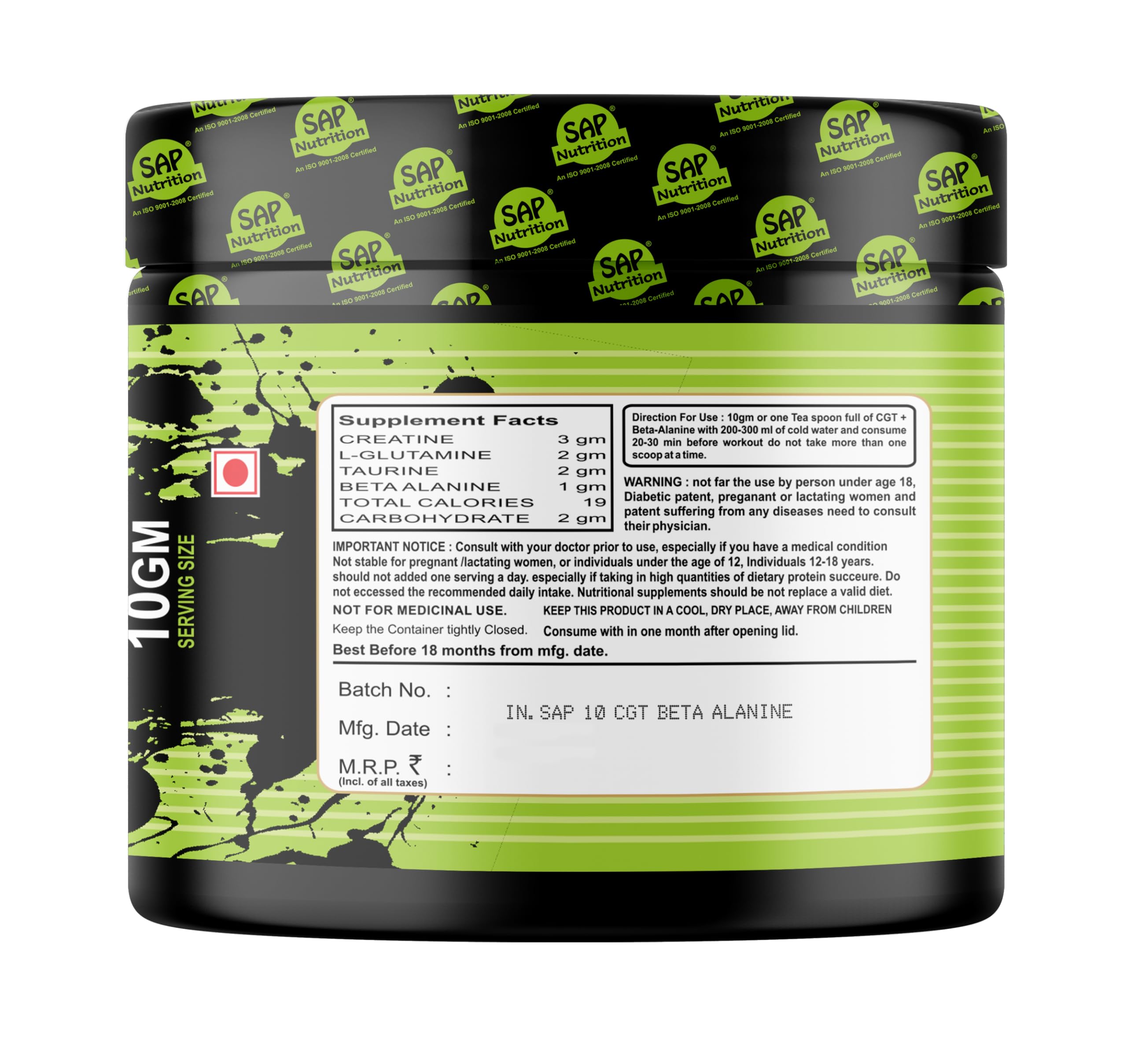 Sap Nutrition CGT Beta Alanine 300gm Powder | Serving Size 10gm | Suger Free | Helps Increase Workout Capacity, Strength & Endurance | Helps Delay Muscle Fatigue 1