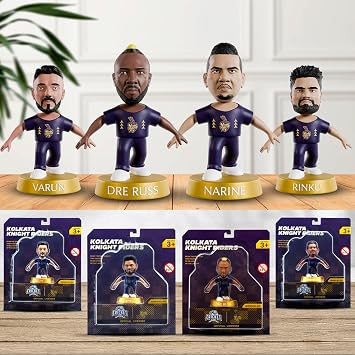 Kolkata Knight Riders Limited Edition Combo Pack, 3-Inch Display Pieces, Featuring Andre Russel, Rinku Singh, Sunil Narine, Vrun Chakaravarthy, 360 Rotatable Heads, Cricket Memorabilia Collectors