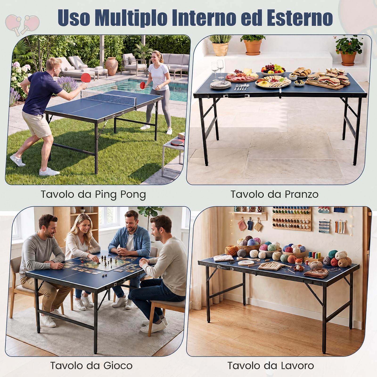 COSTWAY Tavolo da Ping Pong Pieghevole da Esterno ed Interno | Tavolo da Tennis Portatile con Rete, 2 Racchette, Palline e Maniglia, Set Giochi di Ping Pong Salvaspazio per Famiglie