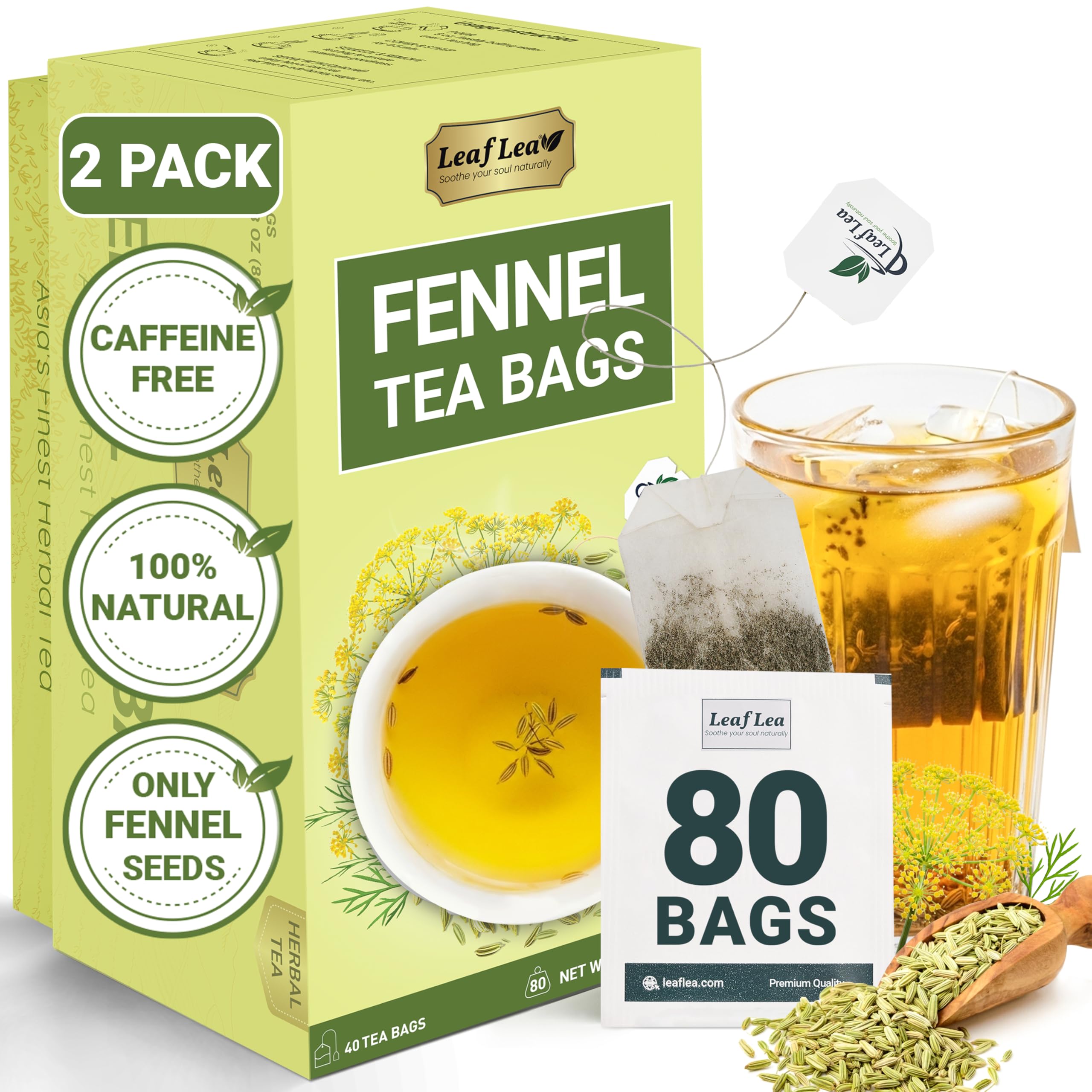LeafLea Fennel Seed Tea Bags, Pure Herbal Fennel Tea, 80 Count Fennel Tea 40 Count (Pack of 2)