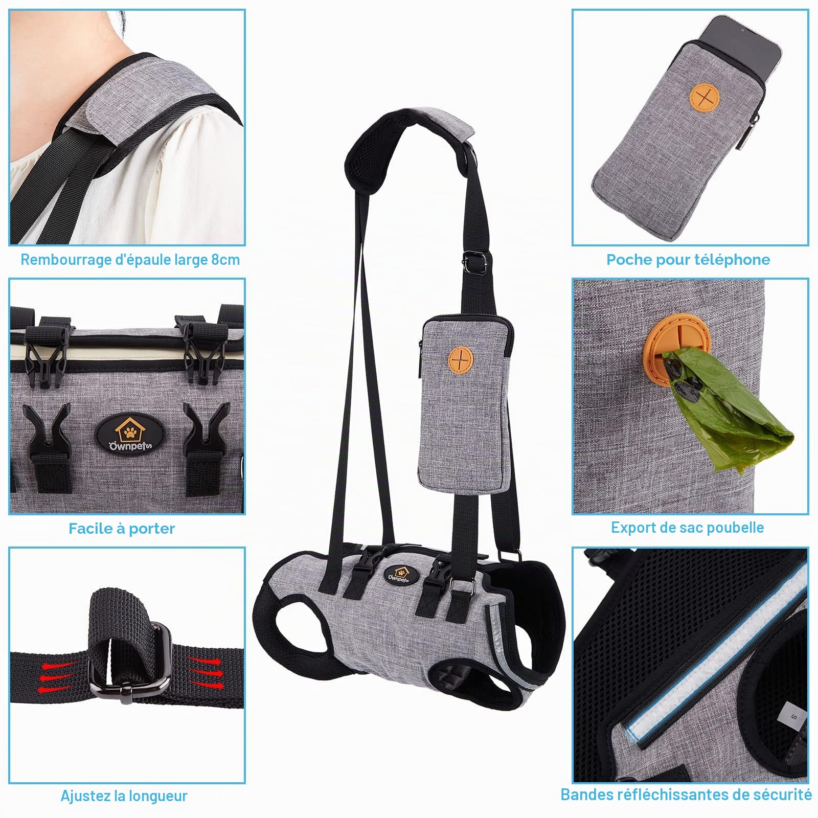 Ownpets Harnais de Levage pour Petit Chien, Serviette de Transport pour Petit Chien, Harnais Complet pour Tout Le Corps, Sac de Transport avec bandoulière, Doux, imperméable, réglable, Gris,S