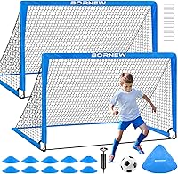BORNEW Kids Soccer Goal Set: 2 Portable 6x4ft & 4x3ft Pop-Up Nets, Soccer Ball, Cones for Backyard Training Ages 3-16