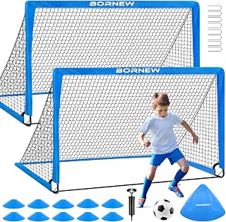 BORNEW Kids Soccer Goal Set: 2 Portable 6x4ft & 4x3ft Pop-Up Nets, Soccer Ball, Cones for Backyard Training Ages 3-16