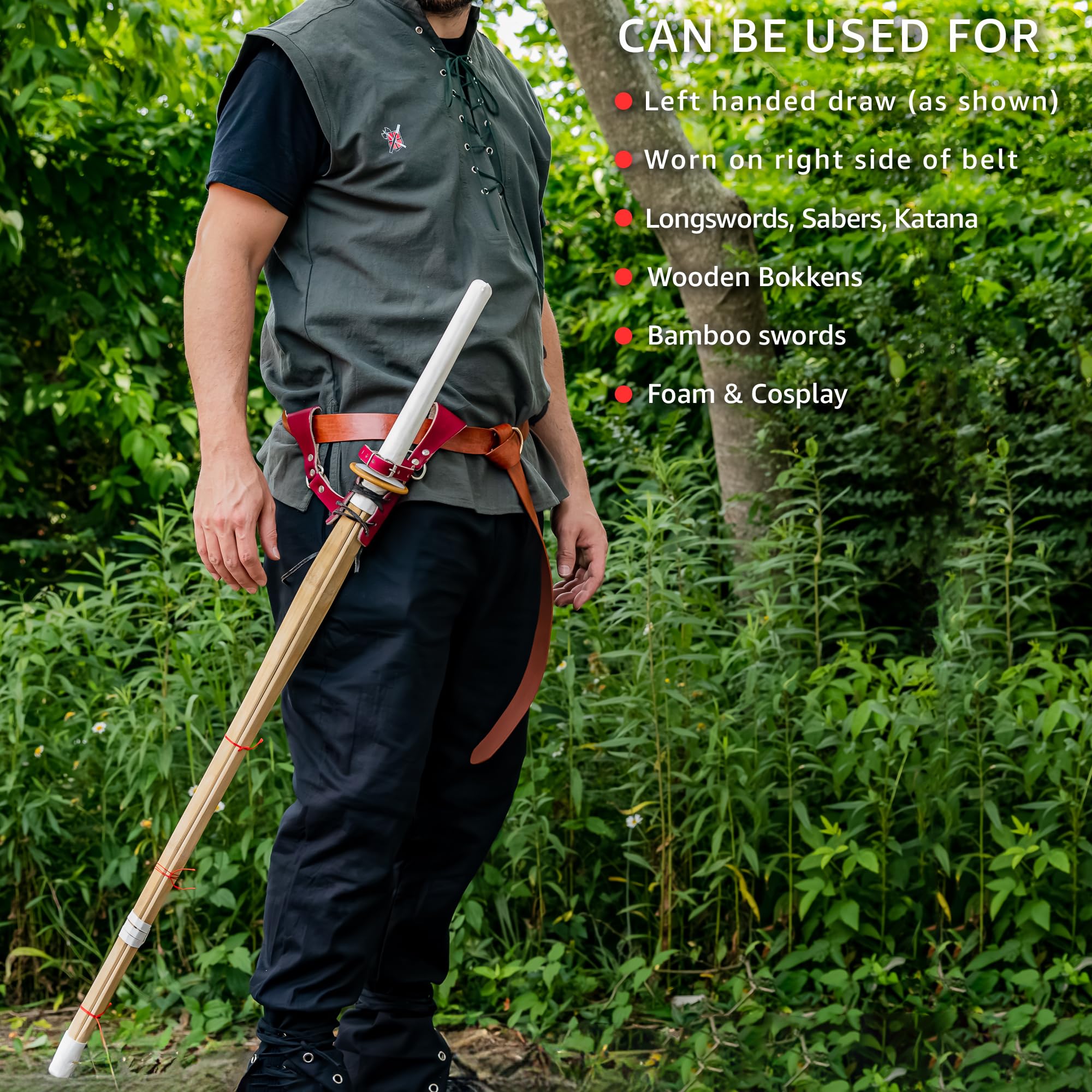 Armory Replicas – Handcrafted Leather Sword Frog – Medieval Costume Adjustable Weapon Belt Holster Holder – Left Handed - Crimson Red w/Black Cord