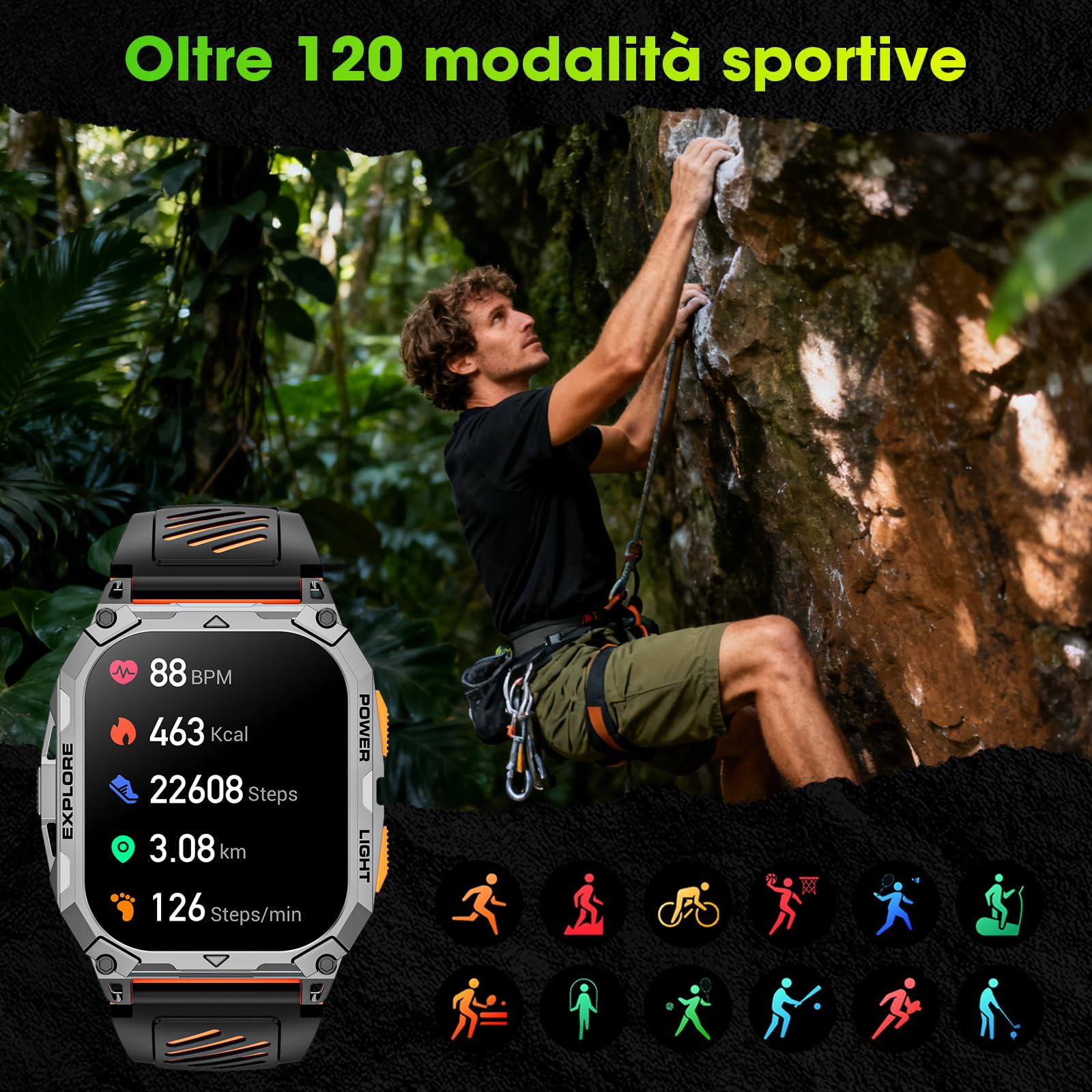 Smartwatch Uomo, 1000mAh(Durata 25 Giorni), 2.01" Orologio Smartwatch Militare con Torcia/Chiamate Bluetooth/Notifiche Messaggi/Frequenza Cardiaca/Sonno/100+ Sportive, Smart Watch per Android iOS