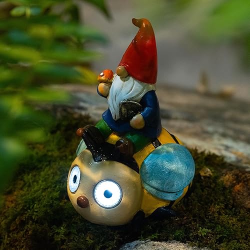 Estatua de gnomo de jardín para decoración al aire libre con lámpara LED solar, gnomos de jardín sentados en la estatua de mariquita para decoración