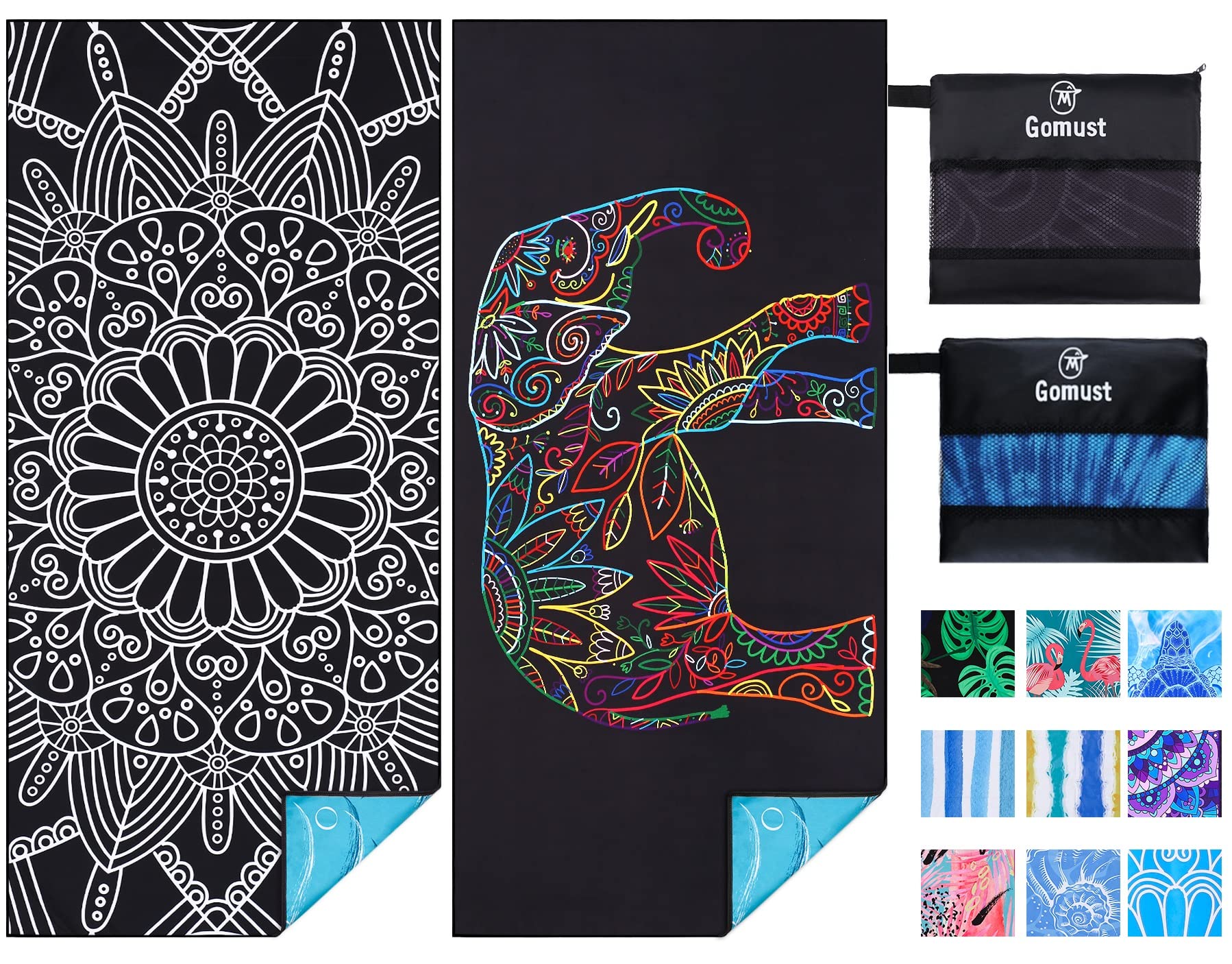2 Pack Lightweight Thin Beach Towel Oversized 71"x32" Big Extra Large Microfiber Sand Free Towels for Adult Quick Dry Travel Camping Beach Accessories Vacation Essential Gift Black Mandala Elephant