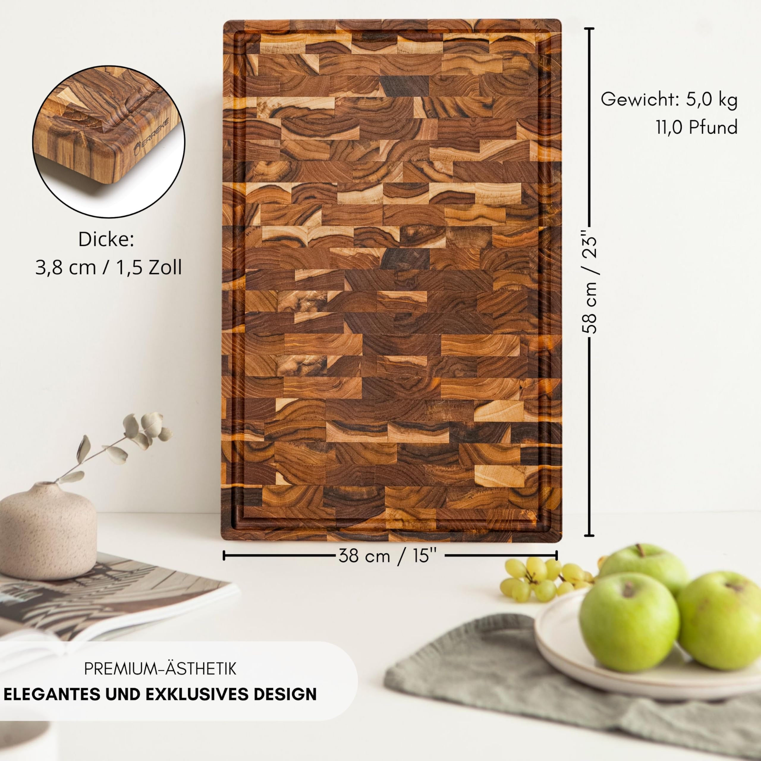 Erreke Schneidebrett aus Teakholz End Grain, 58x38x3,8 cm, Extra Groß | Schneidebrett Holz. XXL mit Saftrille. Rutschfeste Füße und Griffe. Holz-Schneidebrett Küche. Für Käse Wurst Fleisch Brot