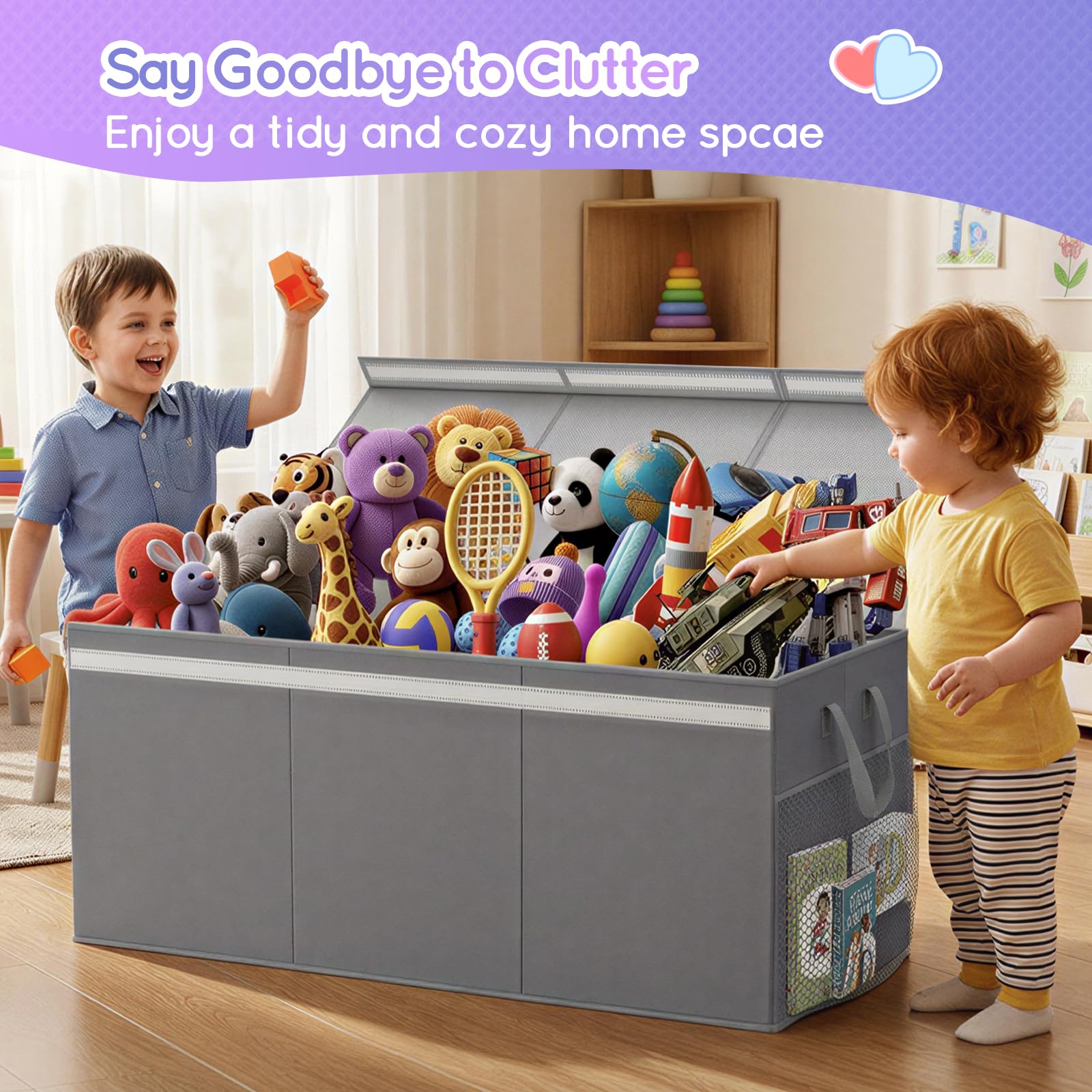 Lewondr Extra großer Aufbewahrungsbox mit Deckel Kinder, 160L Faltbarer Aufbewahrungskorb Spielzeug für Jungen Mädchen, 3 abnehmbare Trennwände für Wohnzimmer Kinderzimmer, 100×40×40cm, Grau