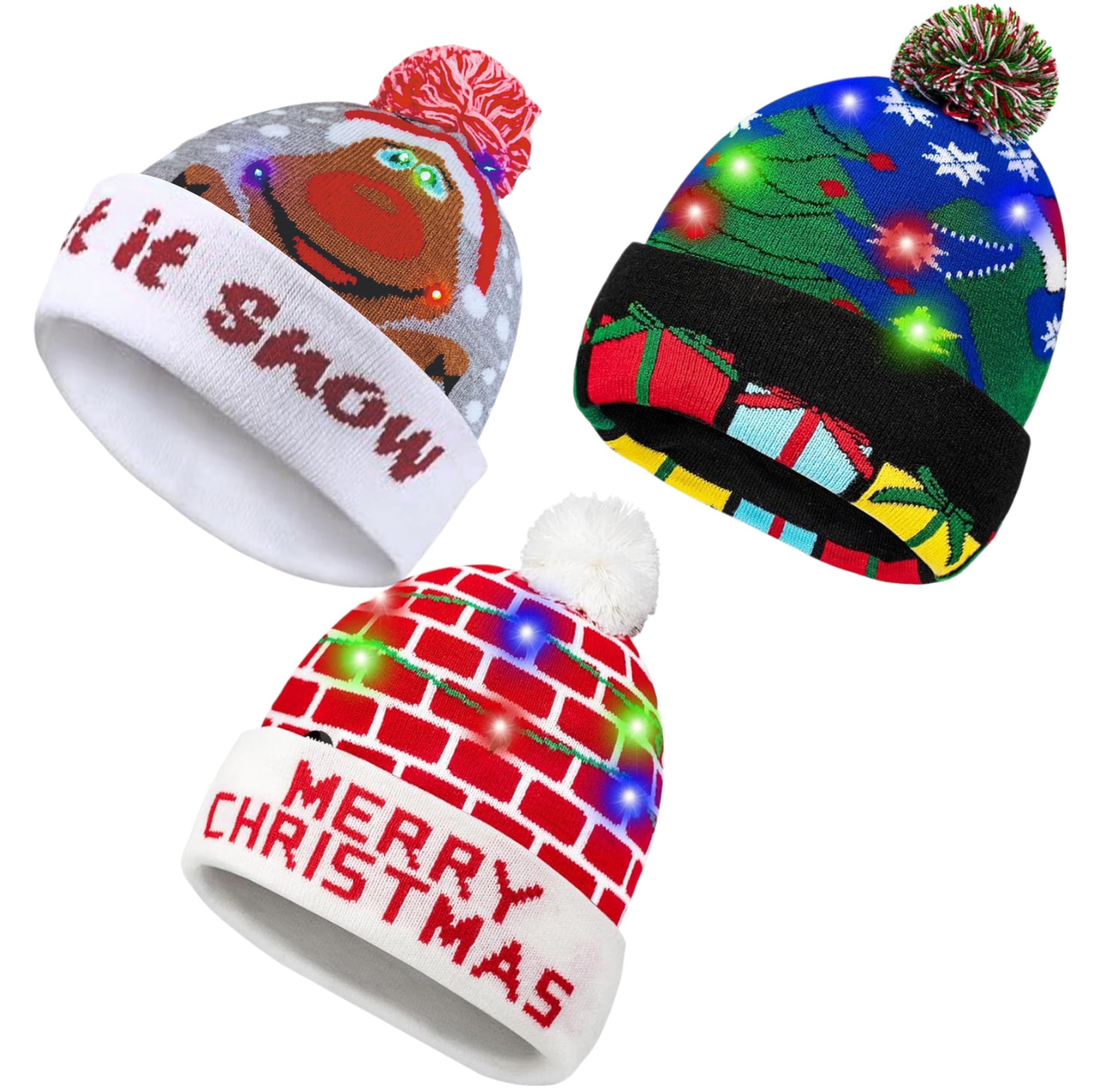 3 Pack Christmas Beanie Hat with Lights Cozy LED Christmas Bobble Kids & Adults Hat Stylish Elf Hats, Baby Xmas Hat Winter Holiday Parties (Let it Snow Grey + Christmas Tree + Merry Christmas) โ image 1