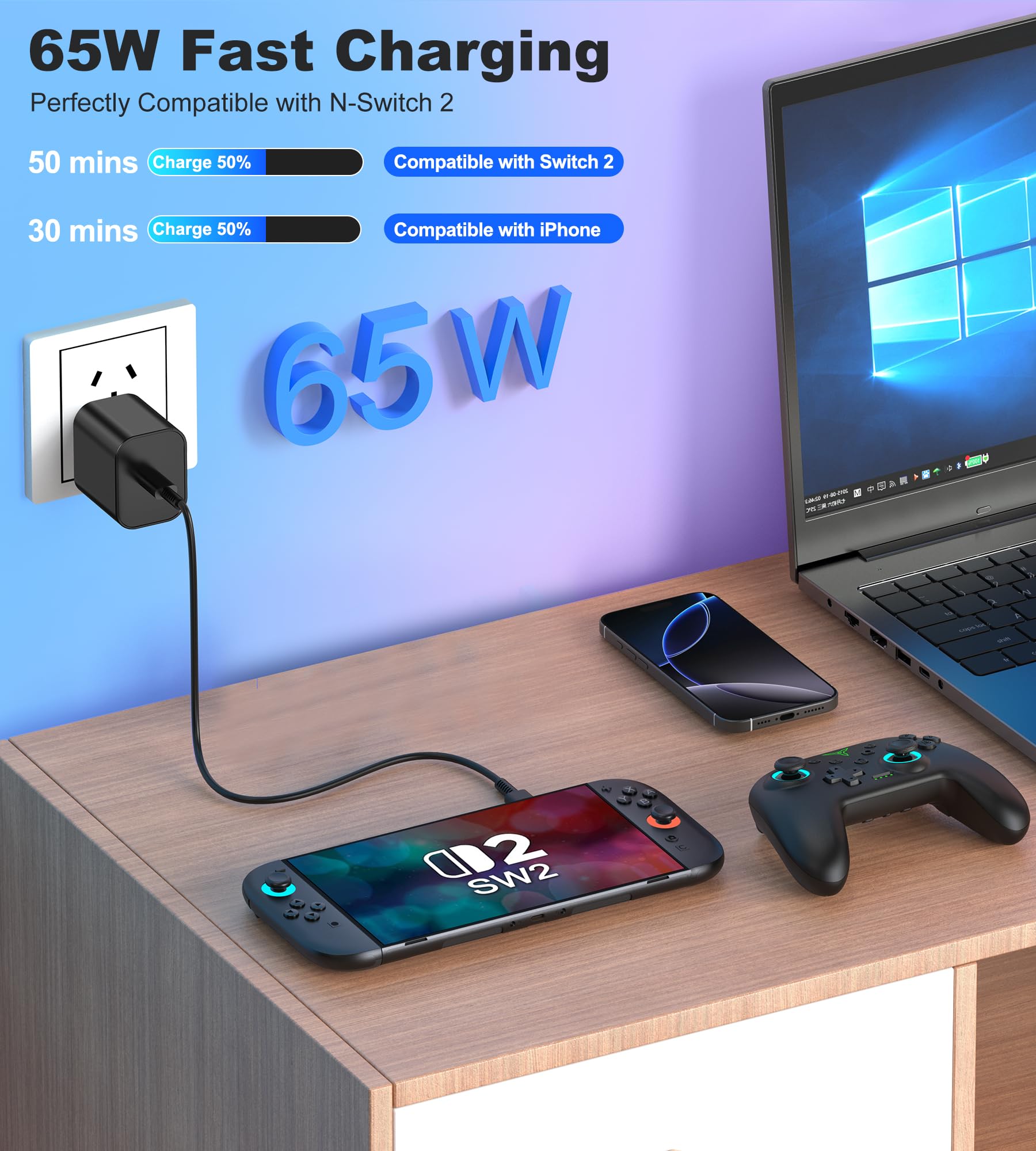 65W USB-C Fast Charger for Nintendo Switch 2/1/OLED/Lite & Steam Deck/OLED, 6.6FT Cable PD3.0 GaN Tech, Original Quality Replacement Switch 2 AC Adapter, Supports 4K TV Mode, for Xbox X Controller