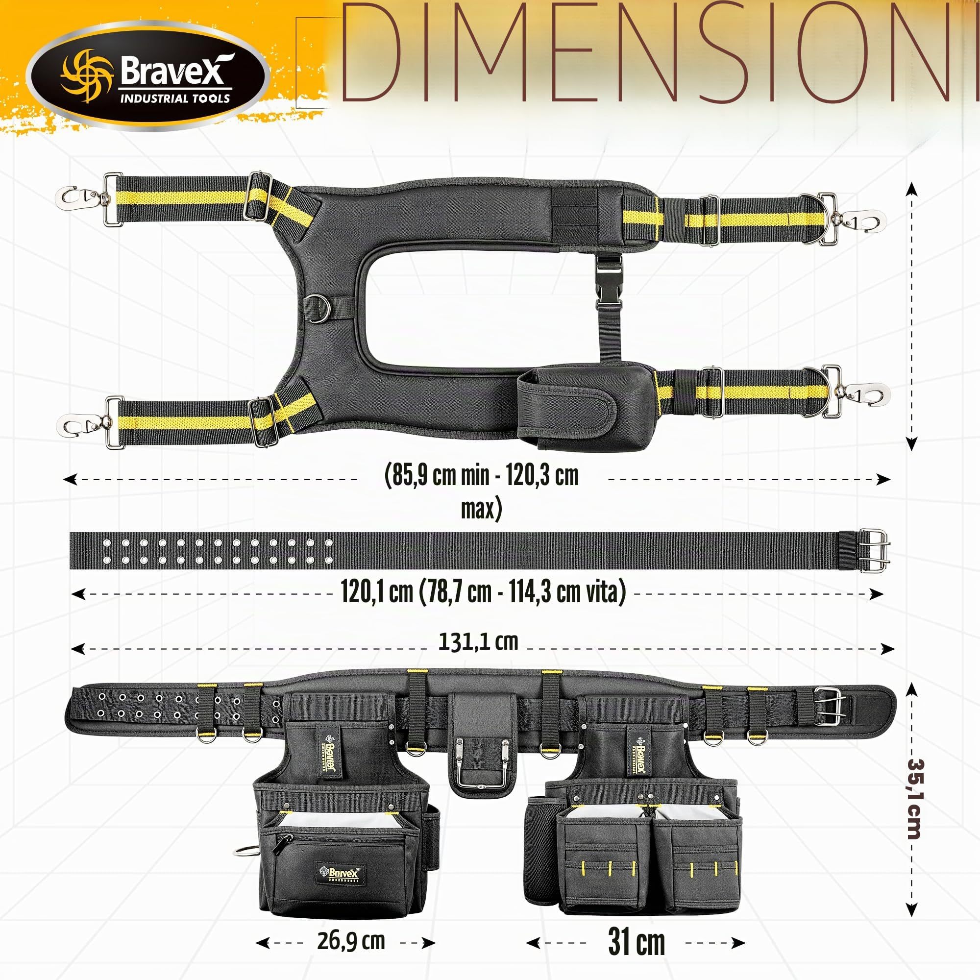 Cintura porta attrezzi con bretelle - Pro Ultra anti-usura con 20 tasche in stile Y, cintura porta attrezzi con 5 sacche combinate per carpentiere, elettricista, in nylon balistico 1200D