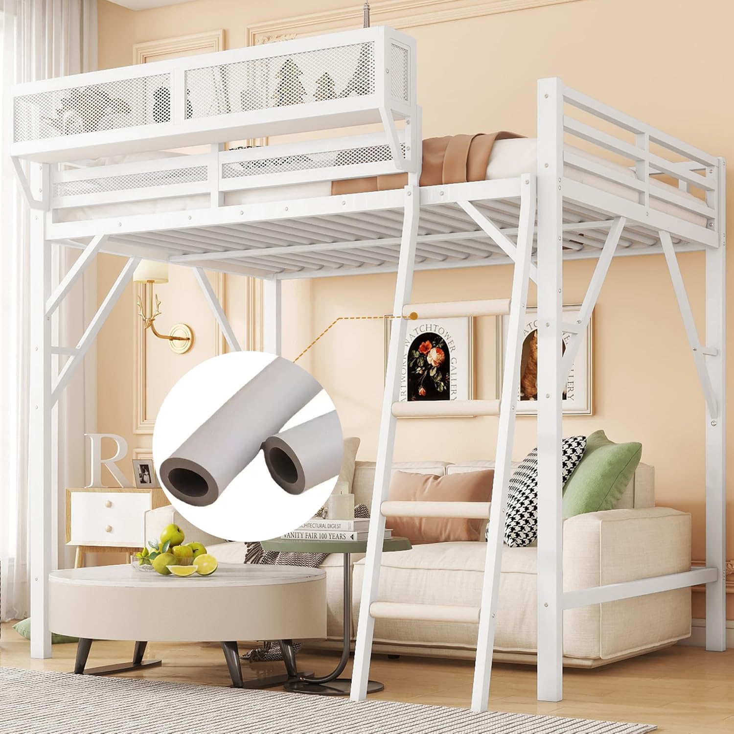 Full Size loft Bed with A Shelf, Metal Loft Beds with Soft Ladder Rung Cover, Heavy-Duty Tall Loft Bed Frame for Kids Boys Girls Teens Adults, Noise-Free,No Box Spring Needed, White