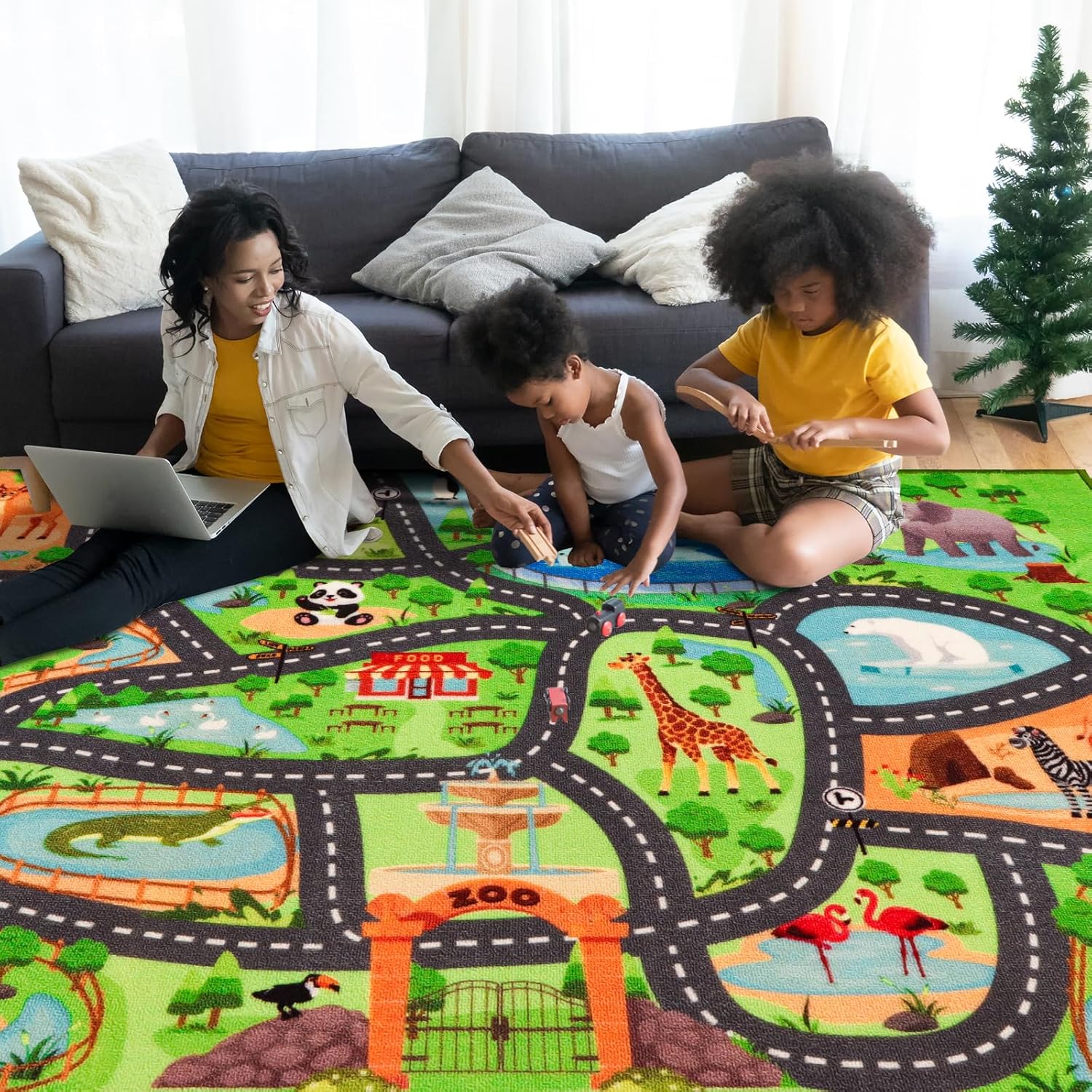 Kids Rug Playmat Rug,118"X78.7" Animal Car Rugs for Kids Toy Cars,Non Slip Zoo Road Map Kid Carpet for Playroom Bedroom Boys,Kid Play Mat Road Rugs,Track Play Carpet for Kid