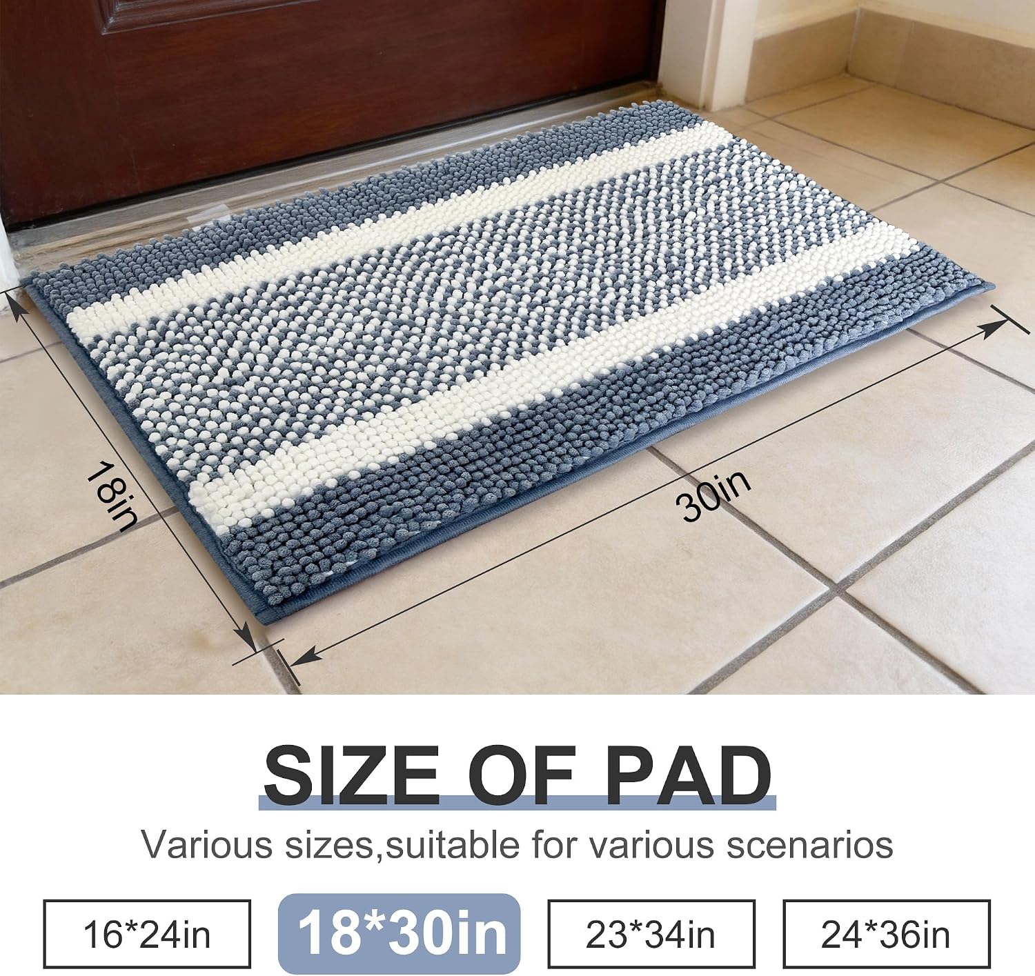 pobopobo Dog Door Mat for Muddy Paws - Absorbent & Washable Chenille Rug, Non-Slip Dirt Trapper for Indoor Outdoor Entryway, Quick Dry Pet Mat for Muddy Dogs (Gray-Blue&White, 30" x 18")