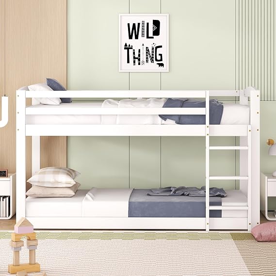 KUAKE Lit Superposé Bas Format Montessori 90x200 cm en Pin Massif Blanc