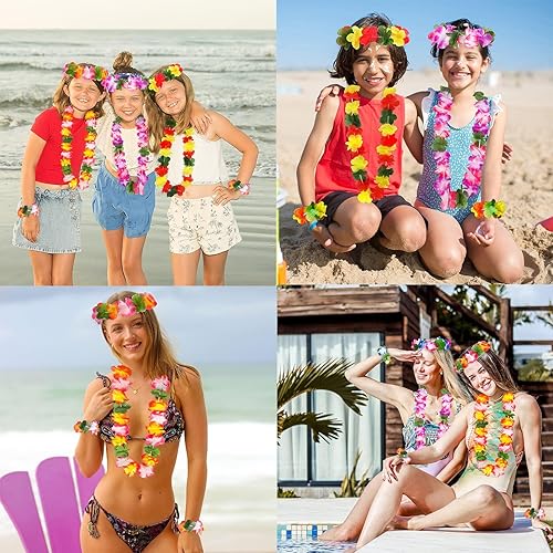 Miniatura 2 de jollylife 60 collares hawaianos de Luau Leis, pulseras, diademas tropicales de hibisco, flores tiki de verano, fiesta de piscina, suministros de