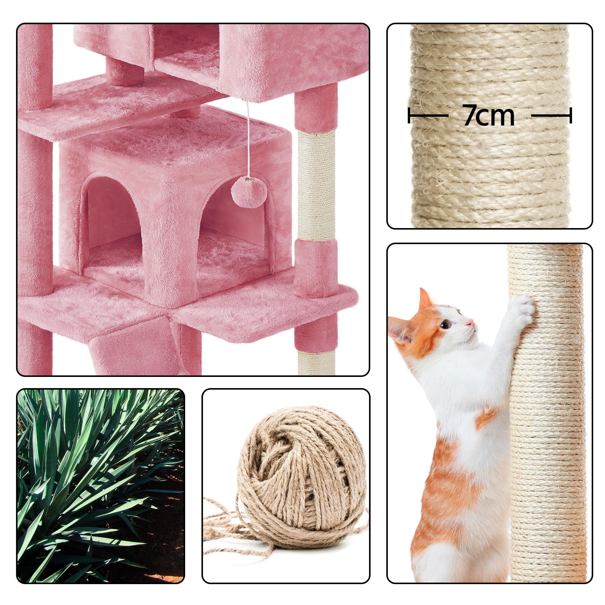 Yaheetech Árbol rascador Grande, 178 cm de Alto, árbol rascador para Gatos, Estable con 3 Plataformas, 3 columnas para rascar, 2 Cuevas, Bolas de Peluche, Muebles para Gatos, Color Rosa