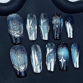 Handmade Press on Nails Blue Gradient Fake Nails Medium Long Coffin Acrylic Nails Black French Tip Full Cover Glue on Nail Silver Luxury Glitter Gloss Stick on Nail for Women 10Pcs (Size S)