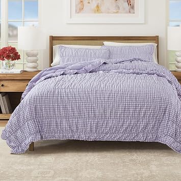 Great Bay Home Twin/Twin XL Quilt Set - 2-Piece Gingham Printed Rusched Bedding Set - Soft, Lightweight, All-Season Bedspread Purple