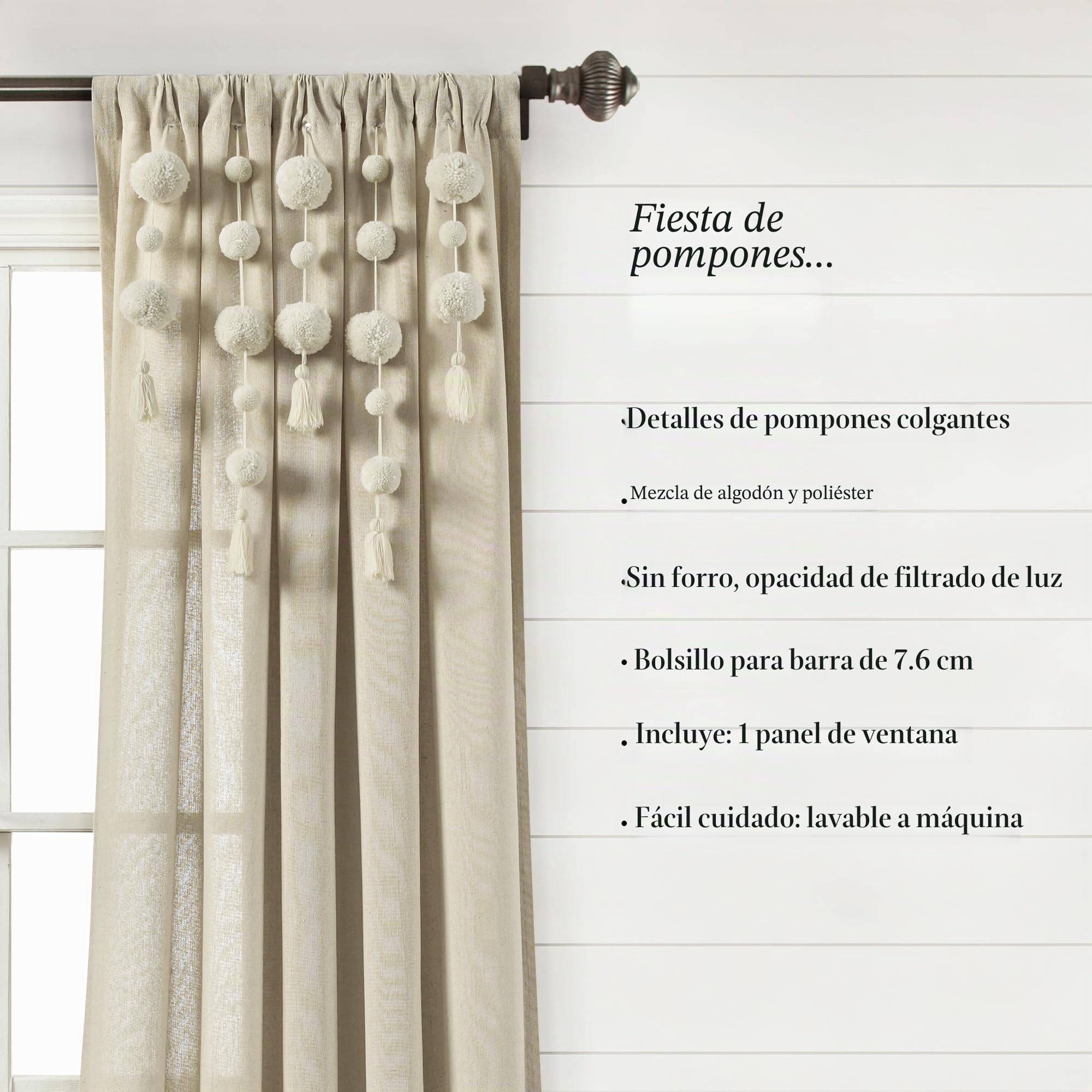 Lush Decor Cortina de Estilo Bohemio con borlas y Pompones (Panel Individual), 213 x 132 cm (Largo x Ancho), Lino Oscuro
