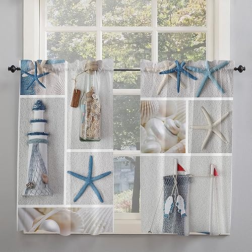 Juego de 2 cortinas náuticas de cocina, cortinas de 45 pulgadas de largo, diseño de estrella de mar, bolsillo ancho, cortinas de ventana de cocina,
