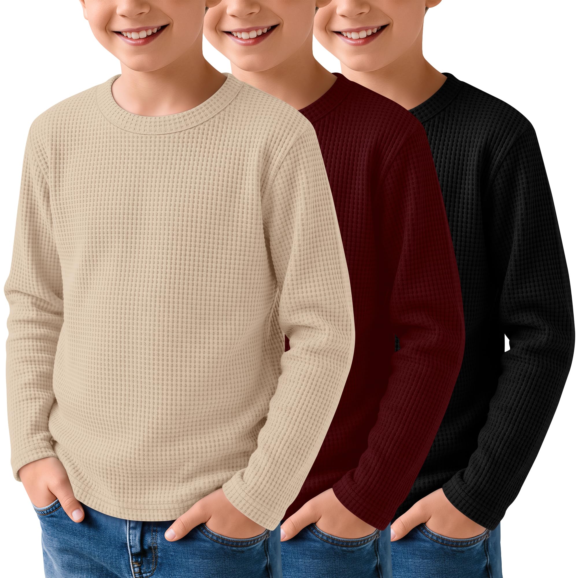 3 Pack Boys Waffle Shirts Kid Long Sleeve Warm Tops