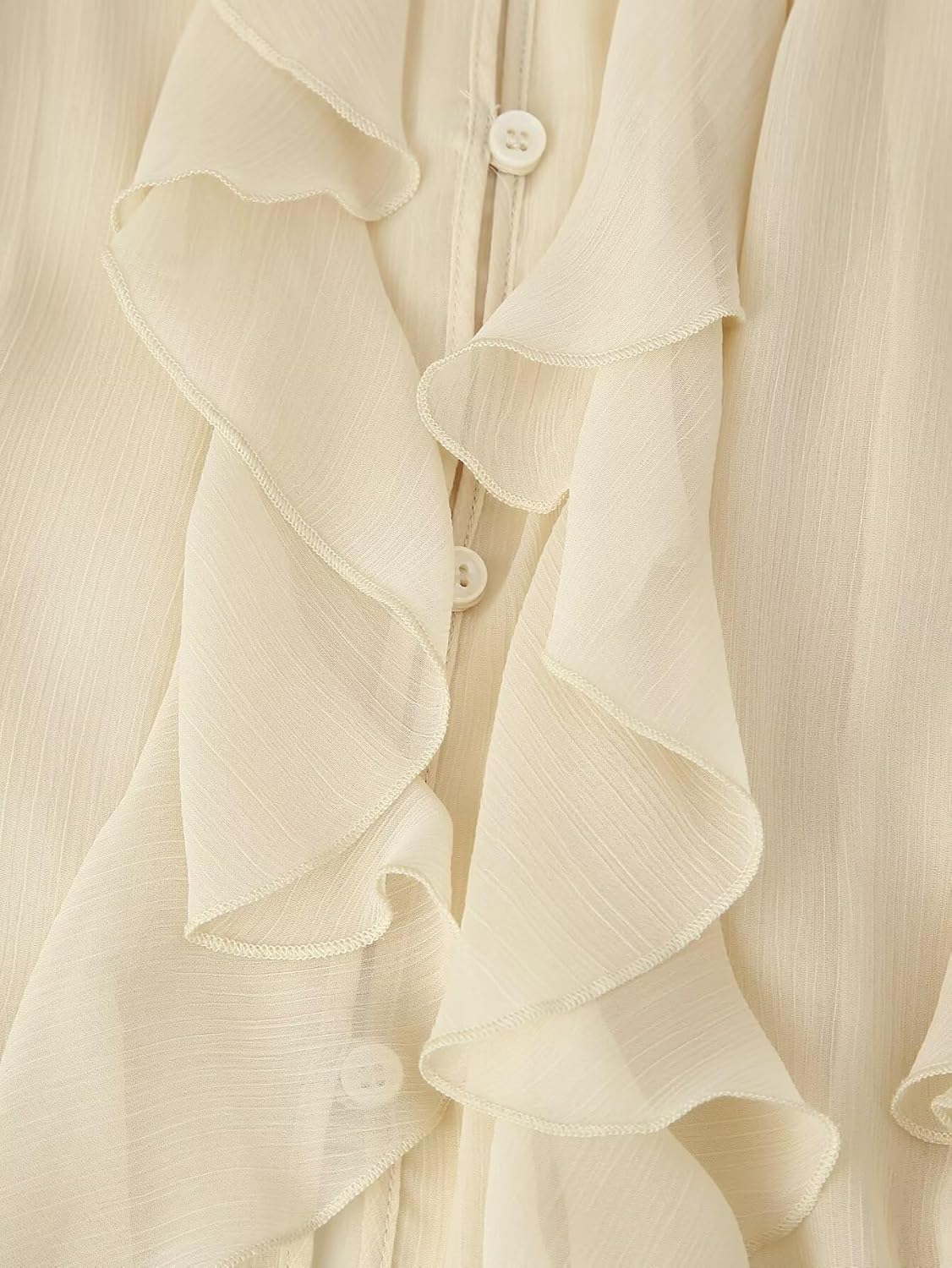 Womens Ruffle Chiffon Blouse Trendy Semi Sheer V Neck Top Long Sleeve Button Down Oversized Shirts - Image 5