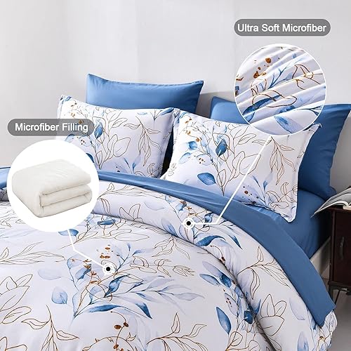 Miniatura 3 de WONGS BEDDING 7 Piezas de Ropa de Cama Floral Azul en una Bolsa, Tamaño King, Juego de Edredón Botánico Reversible con Hojas Azules y Dorada, Juego