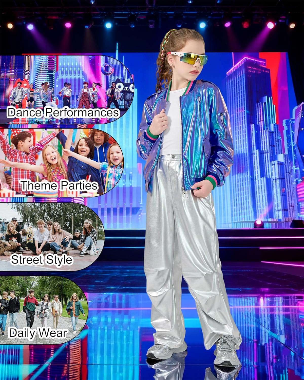 LOLANTA Kids Metallic Shiny Jacket Lightweight Y2K Disco Streetwear Rave Party Festivals Costumes Cropped Girls Bomber Jacket - Image 2