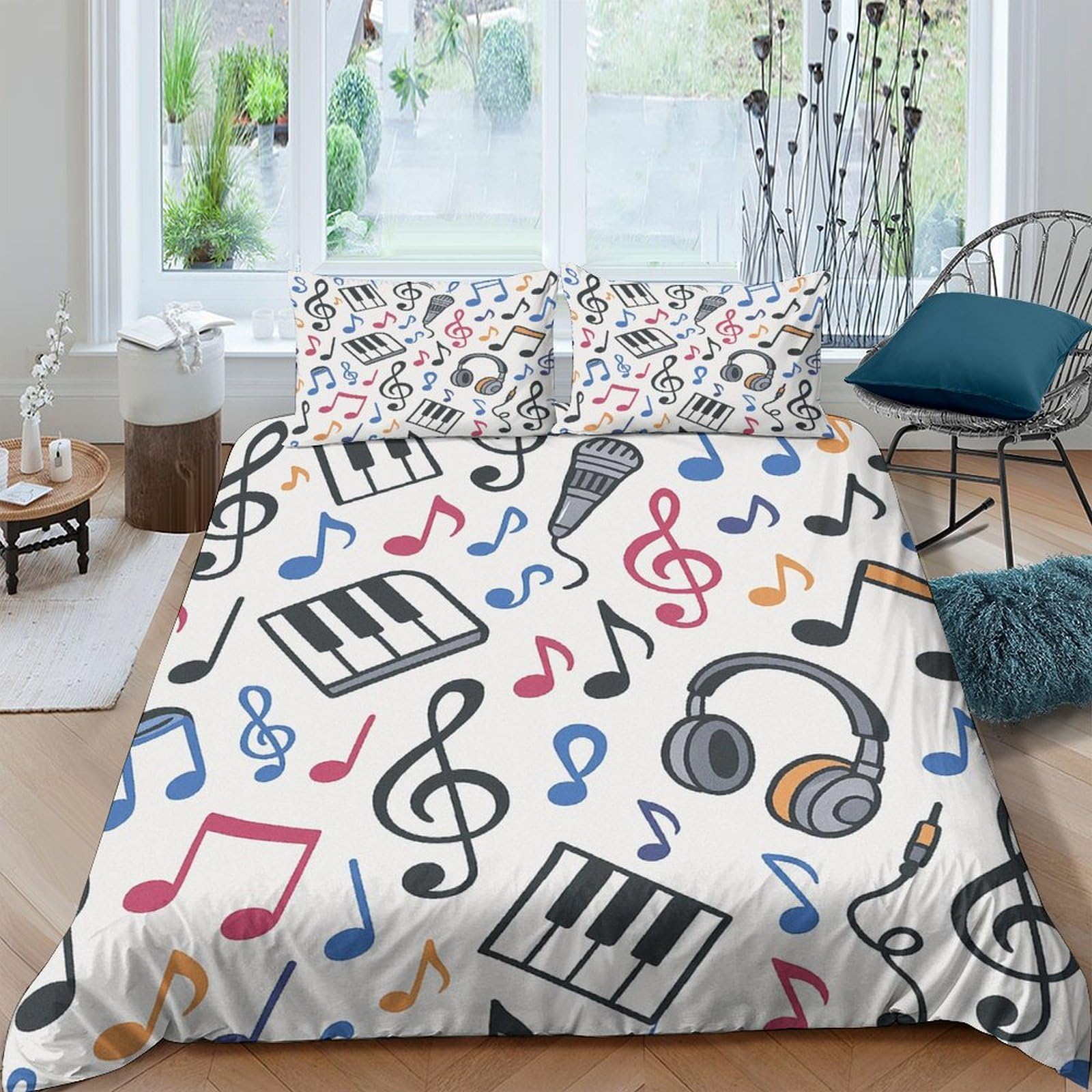 Ctjqhvkz Style-1 3D Printed Music Notes Fitted Sheet Microfiber Soft Keyboard Headphones Mattress Cover For Bedroom Dorm Easy Care Decor Single（135X200cm）