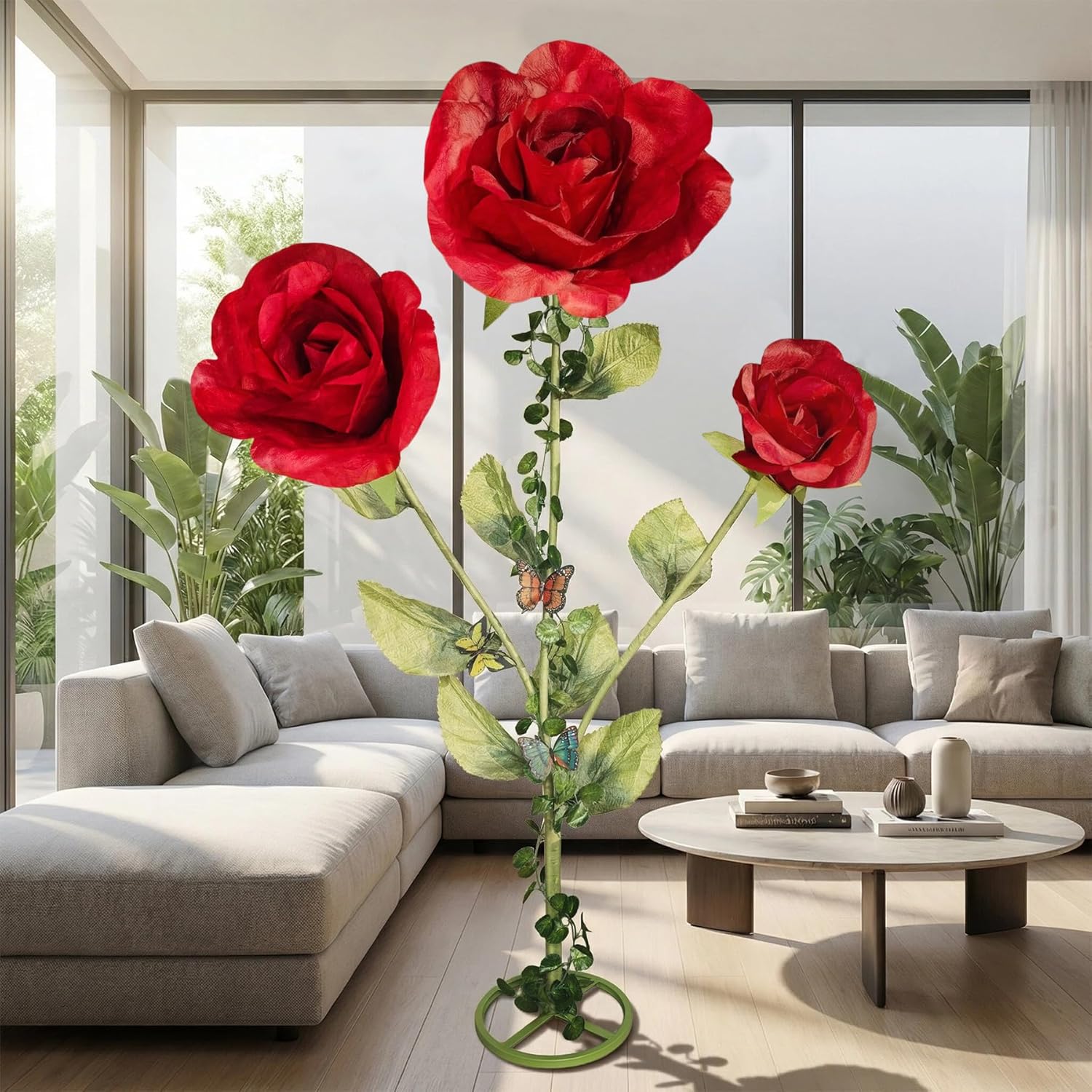 6.4FT Giant Flowers for Decoration, Big Artificial Flowers with Stand, Waterproof Large Handcrafted Paper Flowers for Wedding, Outdoor Garden, Shop Window Display, Home Decor(Red Rose)