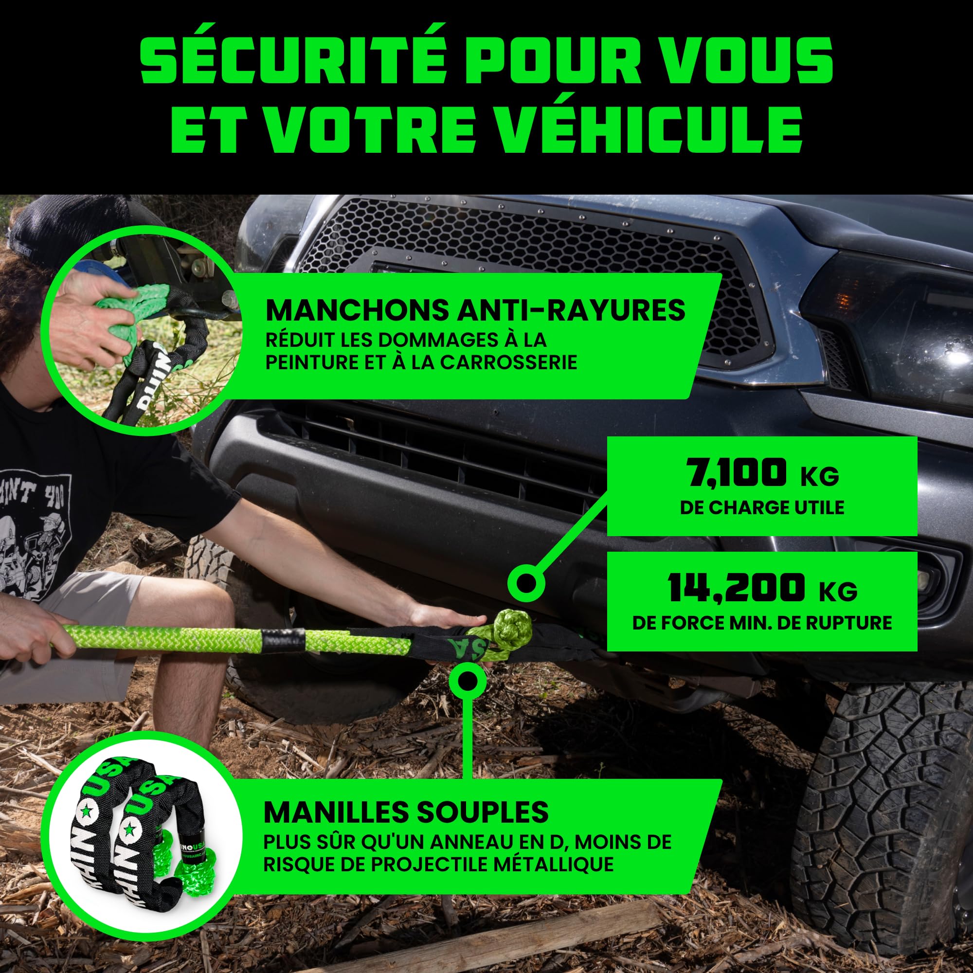 Rhino USA Kit de Récupération de Corde Cinétique 13,000 kg - 2.2 cm x 9 m - Sangle Remorquage Voiture Tout-Terrain avec 2 Manille Treuil 4x4 pour UTV ATV LKW Tracteur Camion Quad - Vert