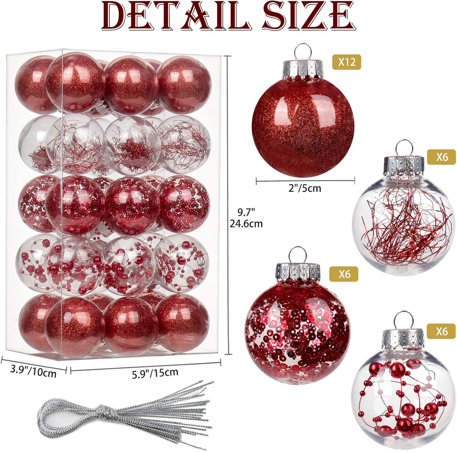 30PCS Christmas Balls Ornaments 2'' Shatterproof Christmas Tree Ornaments Set Red and Clear Decorative Hanging Ornaments for Xmas Tree Party Holiday Decoration, Briful - Image 2