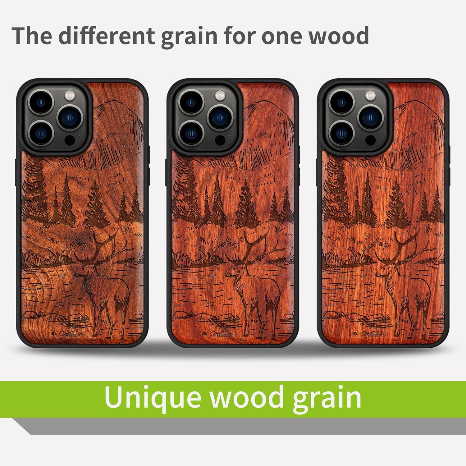 Carveit Magnetic Wood Case for iPhone 14 Pro Max [Natural Wood & Black Soft TPU] Shockproof Protective Cover Unique Wooden Case Compatible with magsafe (Mountains and Deer -Rosy)
