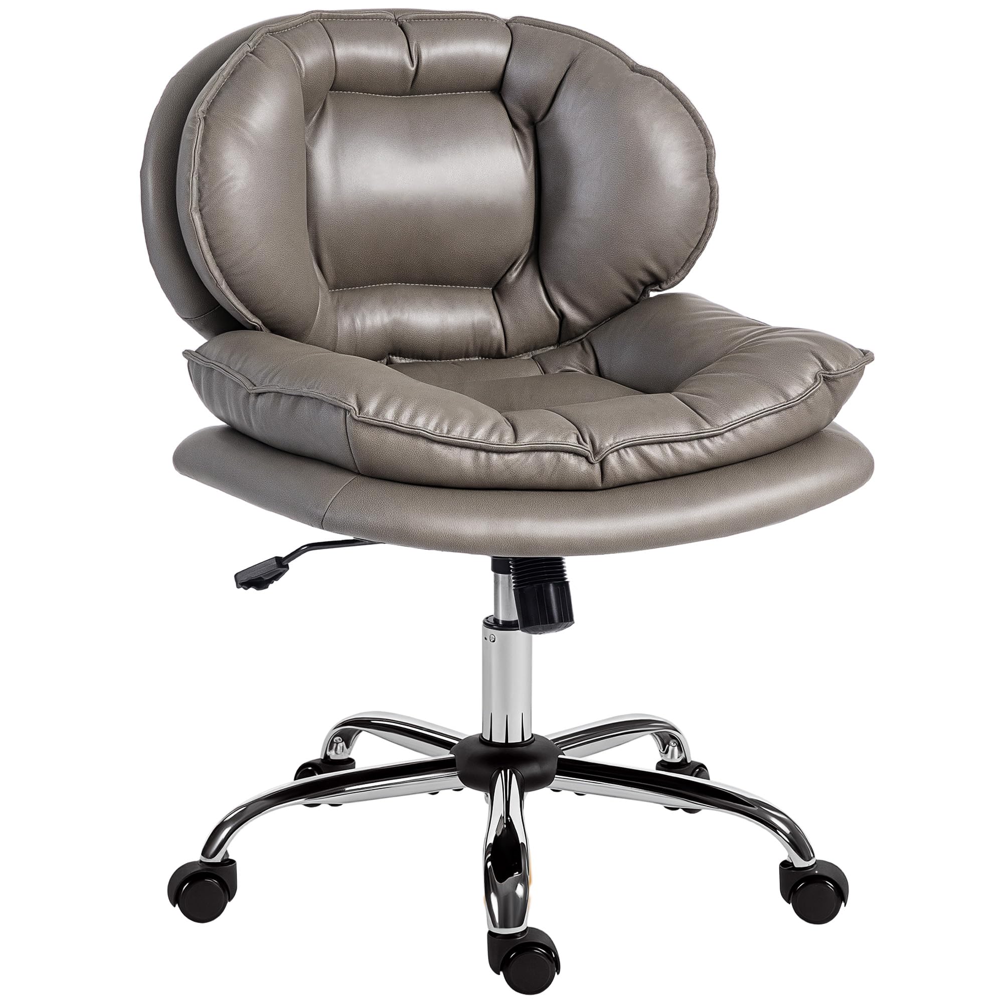 HOMCOM Silla de Oficina Piernas Cruzadas, Silla de Escritorio sin Brazos con Asiento Ancho, Ruedas, Altura Ajustable, Doble Acolchado, Giratoria, Función Basculante, Tapizada en PU, Gris Oscuro
