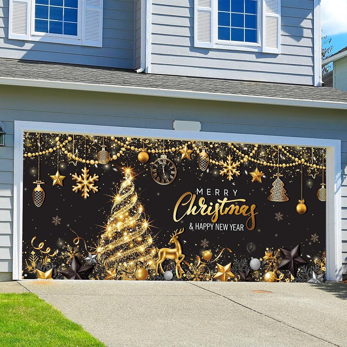 Christmas Garage Door Banner 6 x 13 ft Black Gold Garage Murals Merry Christmas Decorations Outdoor Large Xmas Backdrop Xmas Door Cover (6 x 13 ft)
