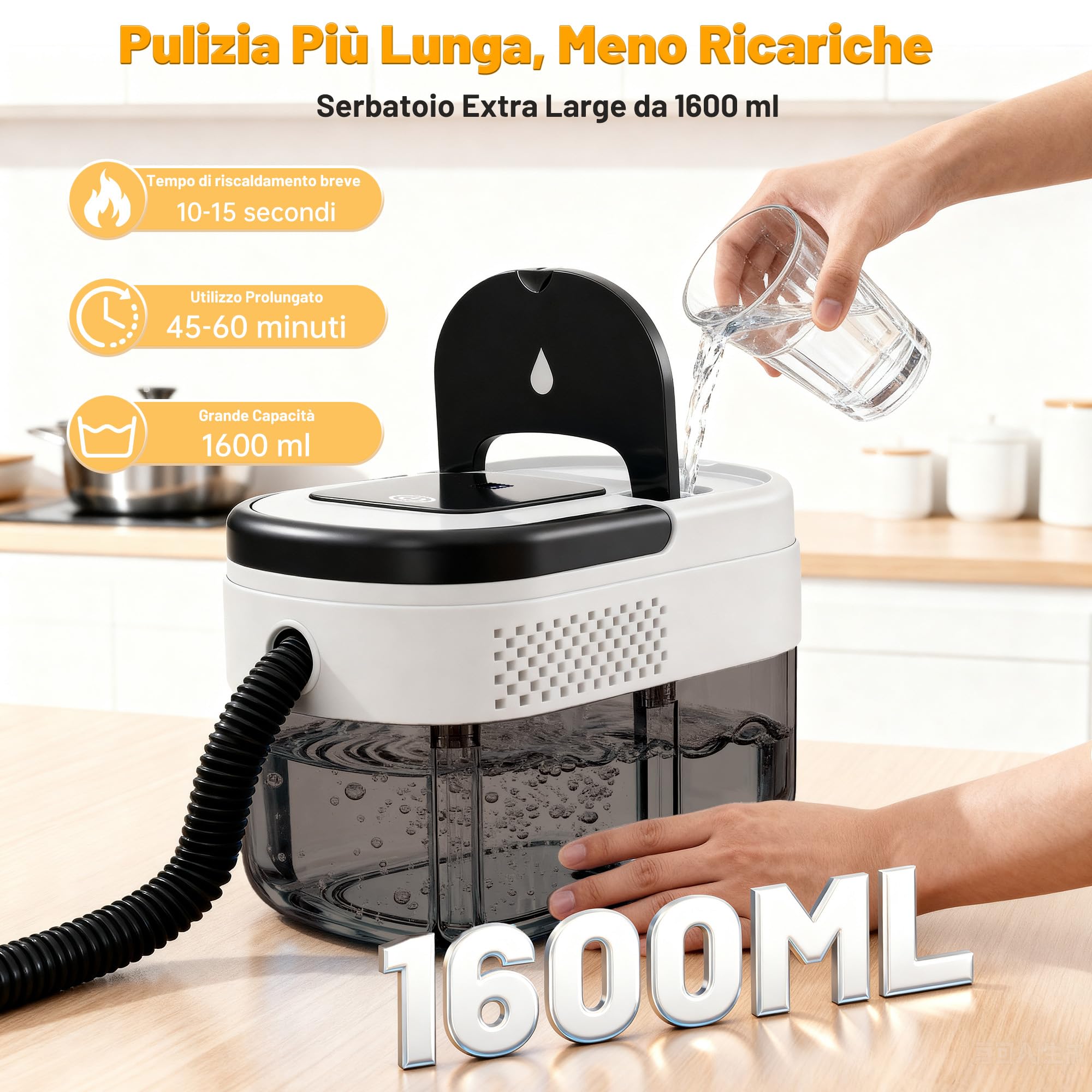 Pulitore a Vapore 3 Bar, Riscaldamento Rapido da 15 Secondi, Cavo di Alimentazione da 2 Metri, Serbatoio 1600ML, Pulsante Touch Regolabile, con 13 Accessori per la Pulizia di Auto, Cucina | Pulitore a vapore manuale ad alta pressione, senza sostanze chimi