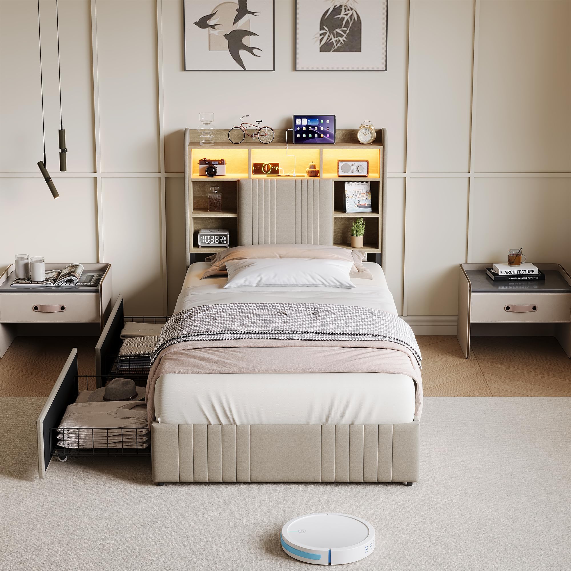 Letto singolo imbottito, 90 x 200 cm, con LED e vano portaoggetti, letto per ragazzi 90 x 200 cm, con illuminazione a LED e stazione di ricarica USB e tipo C, struttura imbottita con 2 cassetti