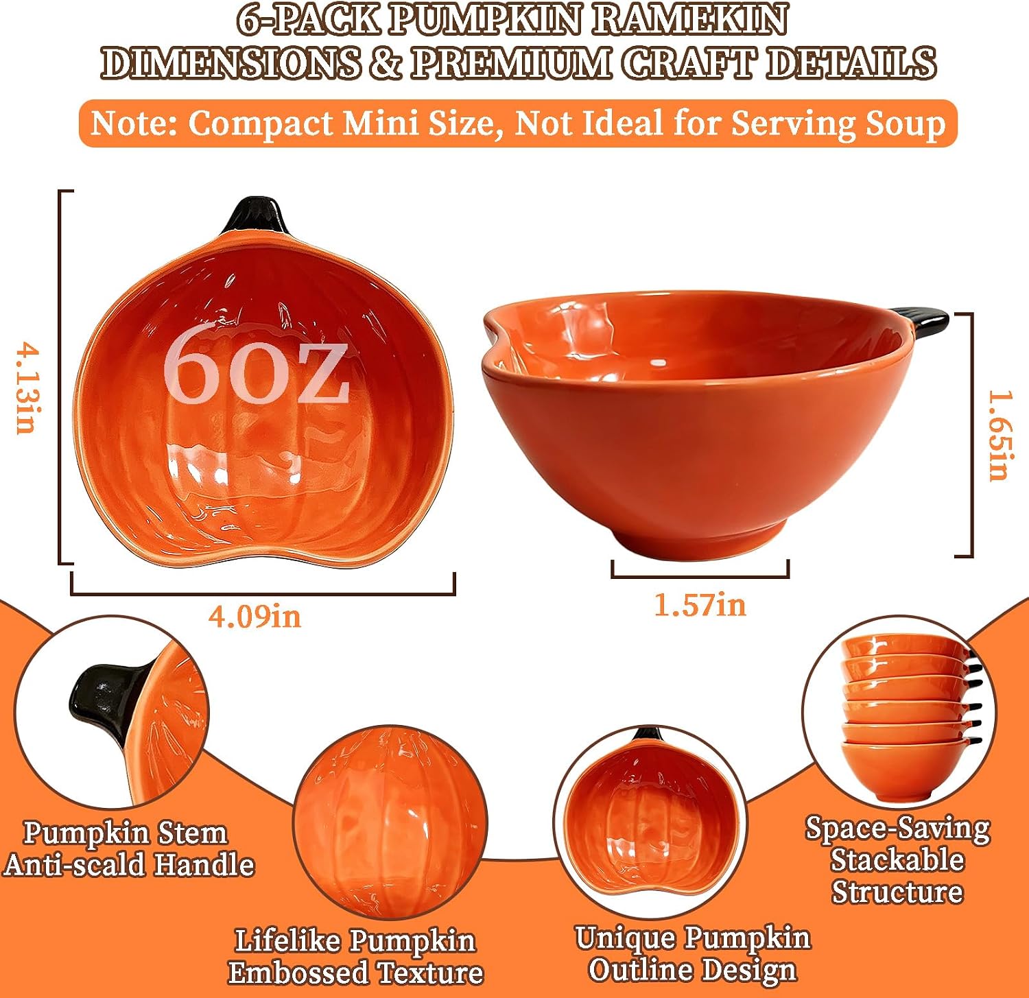Orange Pumpkin Bowls,Set of 6, 6 oz Pumpkin Shaped Bowl Ceramic Ramekins