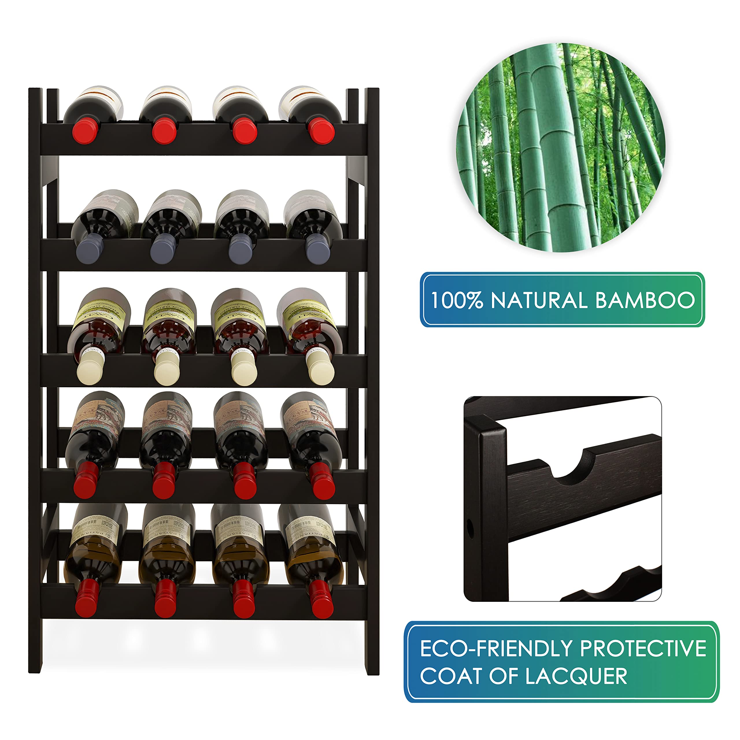 Botellero de bambú 5 Niveles Soporte para 20 Botellas Estante Almacenamiento Cocina Bar Negro