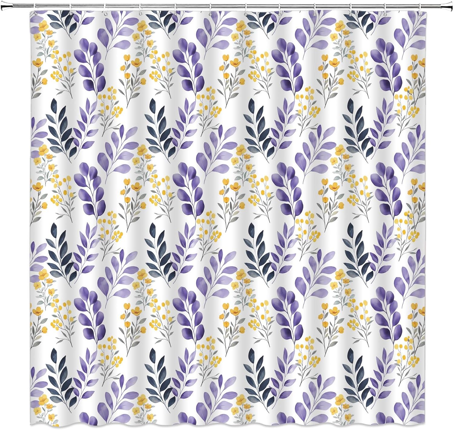 Spring Leaves Floral Shower Curtain 70" Wx75 H,Purple Yellow Watercolor Flower Rustic Farbic Bathroom Decor with Hook