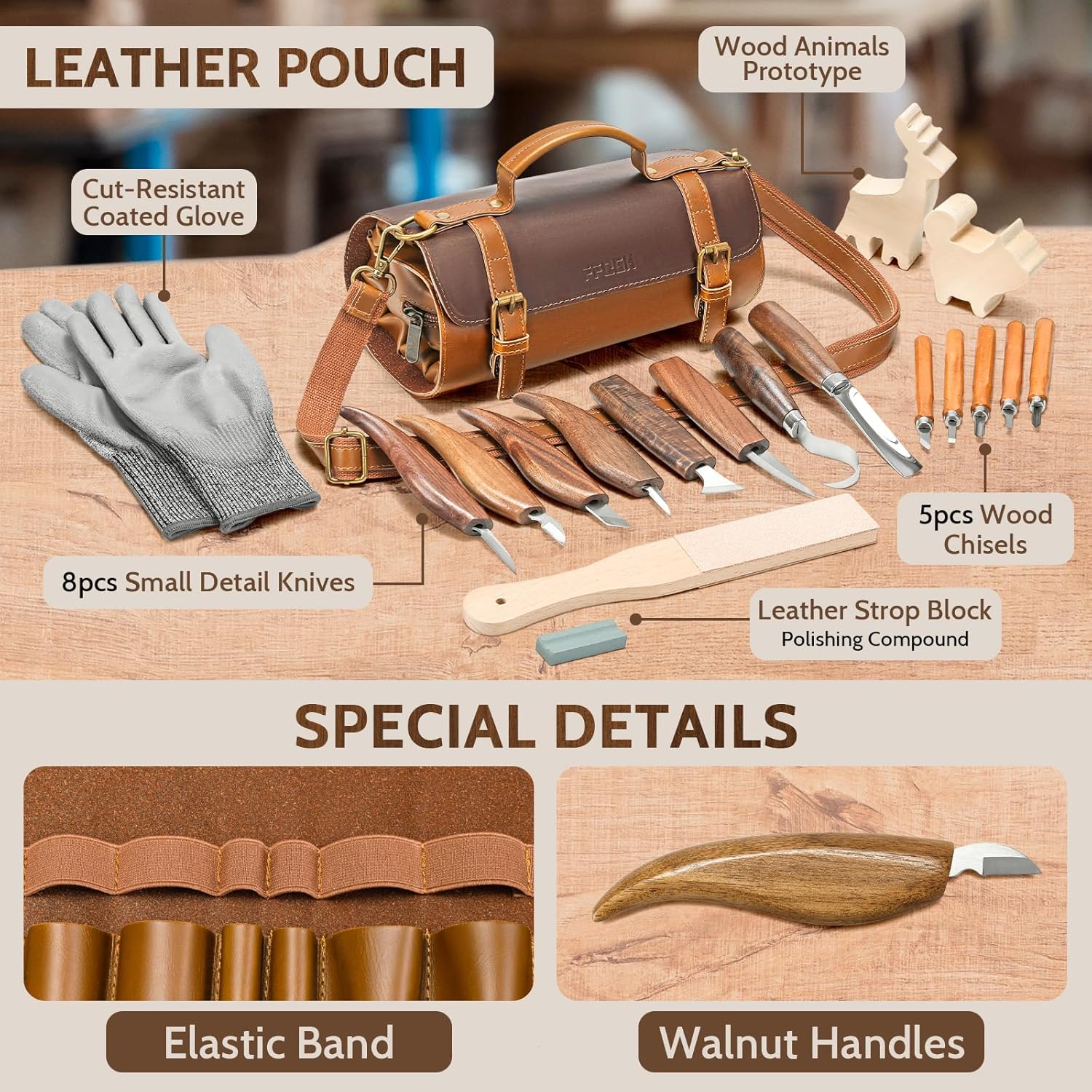 Wood Carving Tools Kit 20Pcs - Whittling Knife Set with Animal Wood Carving Blocks for Beginners, Woodworking Tools Gifts for Kids & Adults with Cut-Resistant Gloves & Large Leather Case