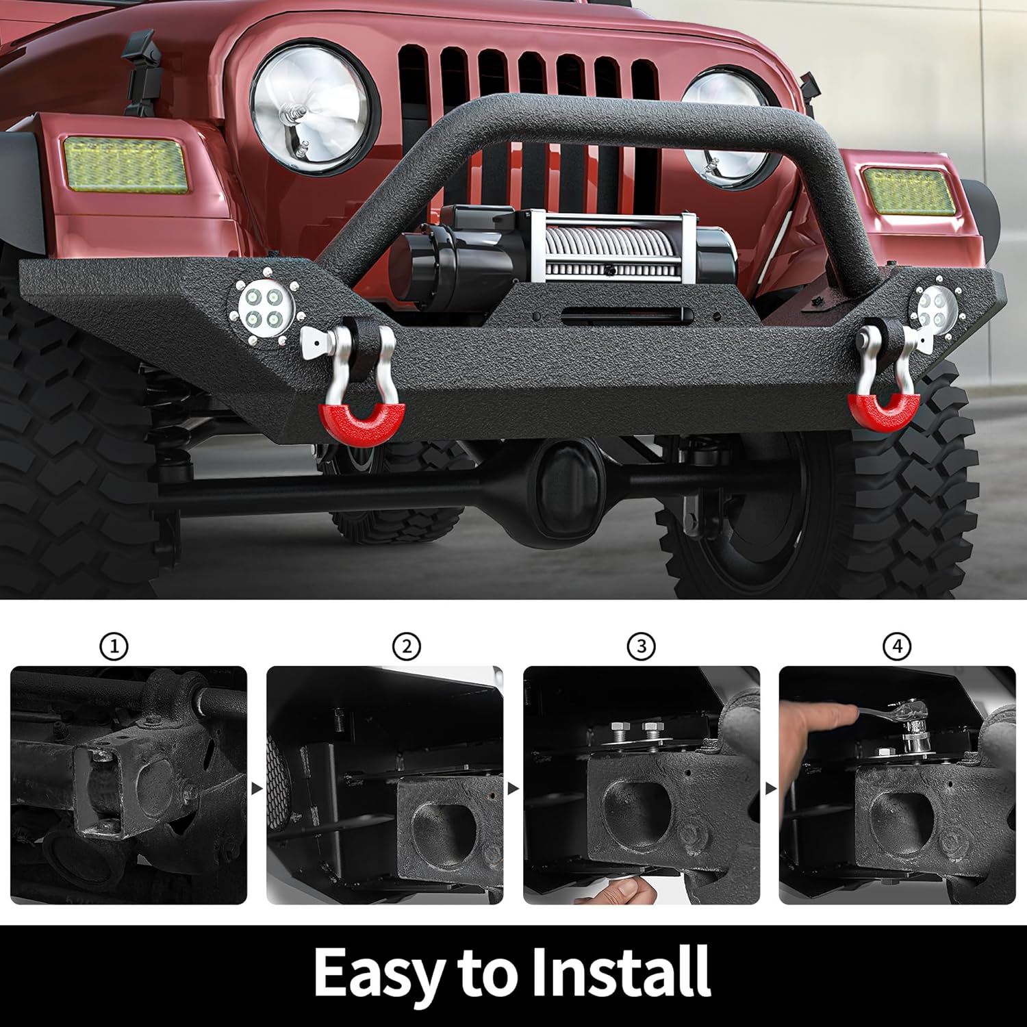 LEDKINGDOMUS Rock Crawler Front Bumper Compatible with 87-06 Jeep Wrangler YJ and TJ with Winch Plate, LED Lights Heavy Duty (Textured Black)