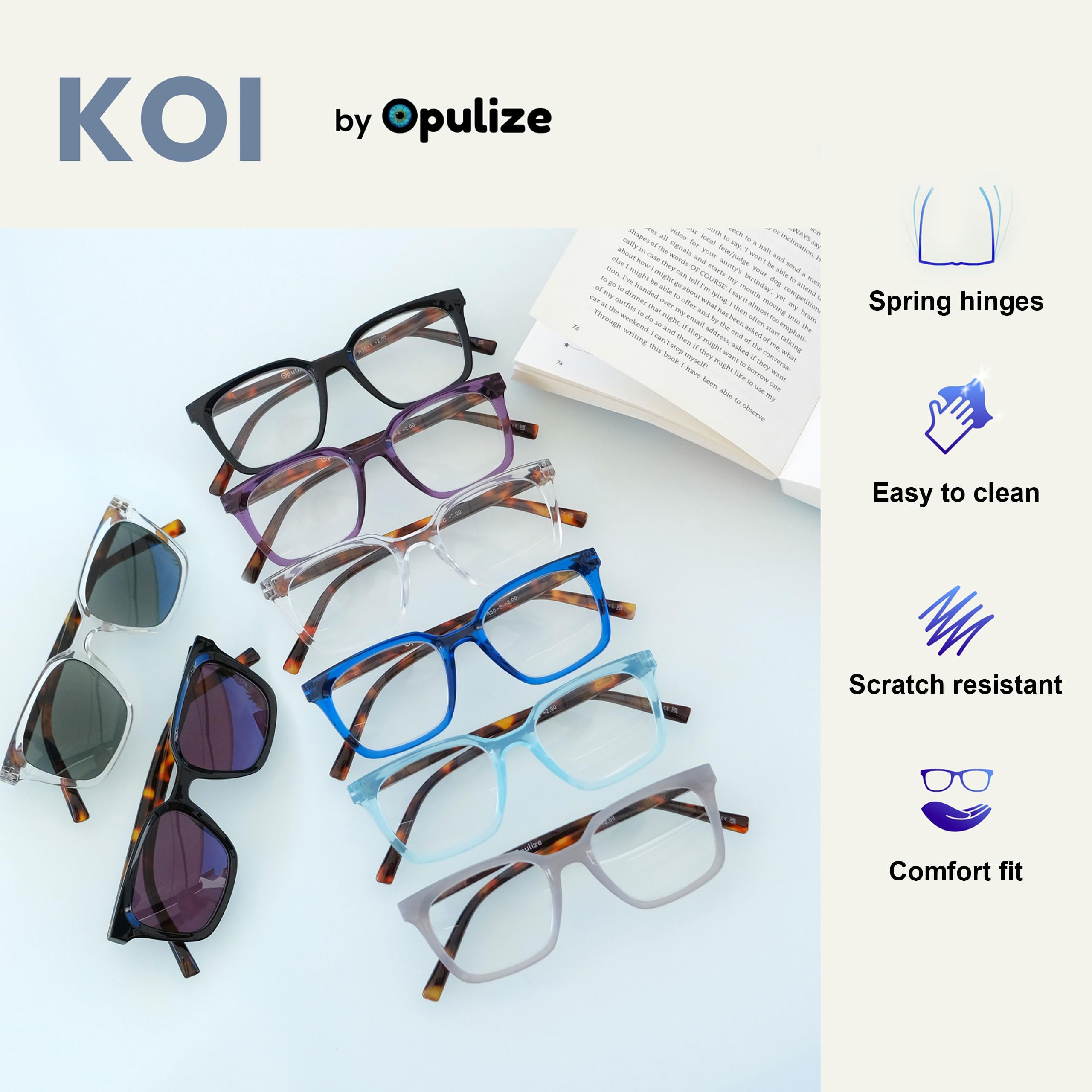 OPULIZE KOI Reading Glasses With Reading Sunglasses 5 Pack, Rectangular Frame, Black-Blue-Grey-Clear-Black, Mens Womens - Image 4