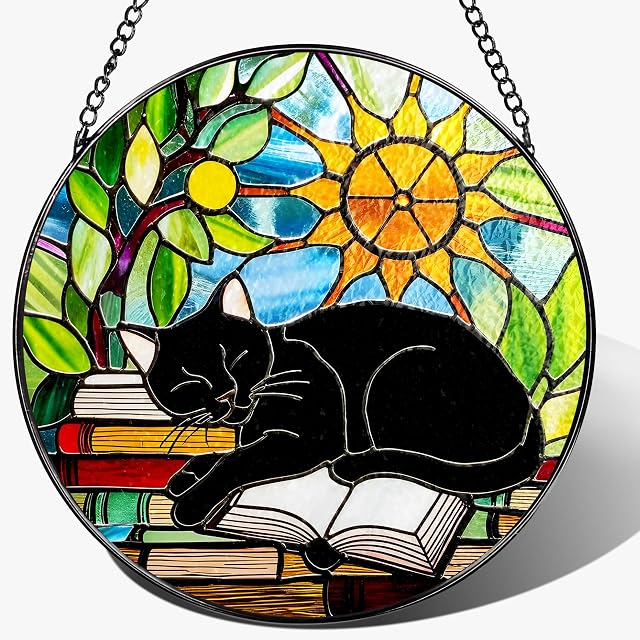 Stained Glass Window Hanging, 8 Inch Black Cat on Book Stained Glass Suncatcher, Window Decor Hanging, Cat Lover Gifts, Reading Decor, Bookish Gift, Librarian Gift, Book Lover Gifts