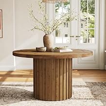 Tribesigns 47-Inch Round Dining Table for 4-6, Farmhouse Wood Kitchen Table with Striped Pedestal Base, Circle Wooden Dining Room Furniture for Kitchen Living Room, Dark Brown