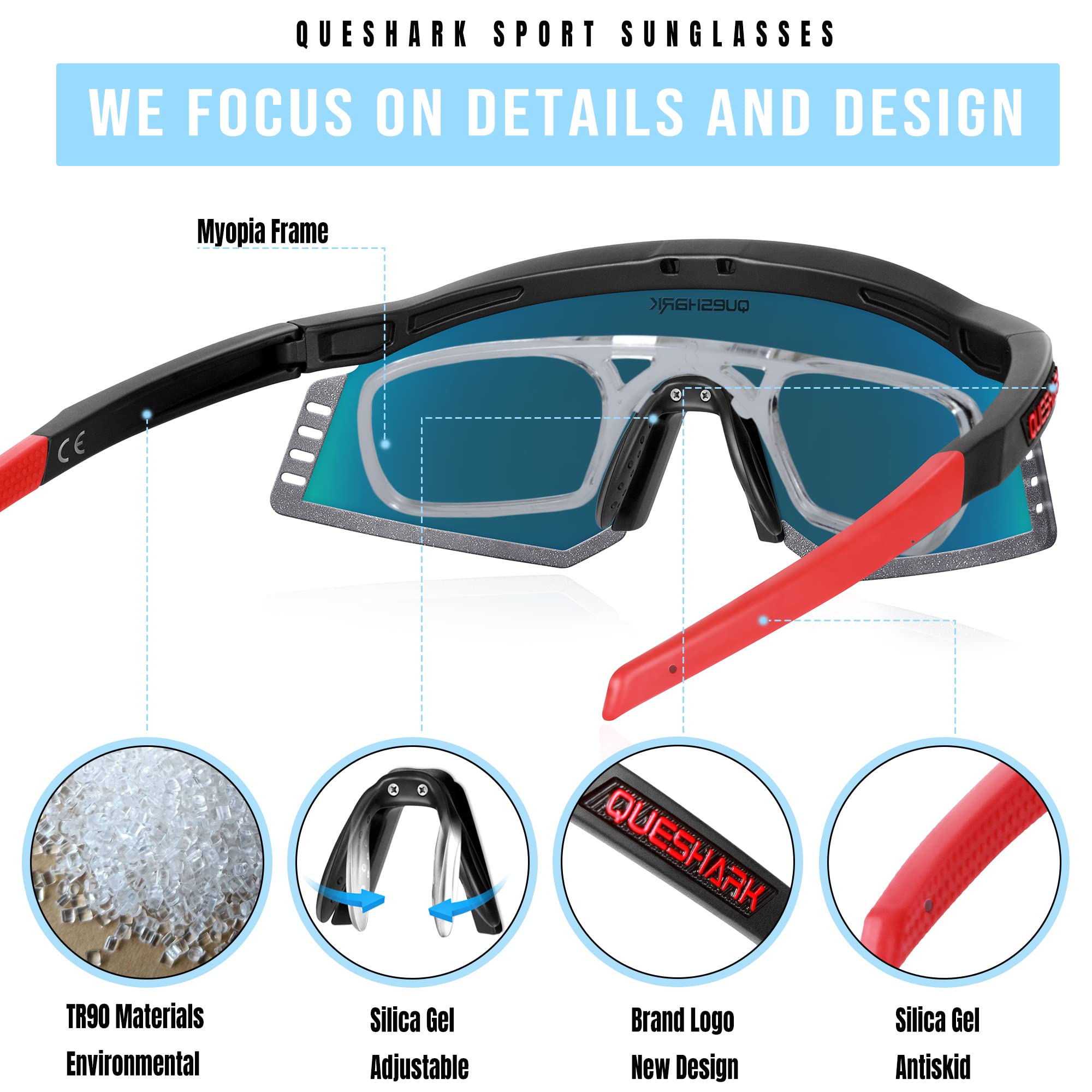 Occhiali Da Ciclismo Queshark Polarizzati - 4 Lenti Intercambiabili, Anti-UV, Leggeri, Per Sport Uomo/Donna - Foto 10