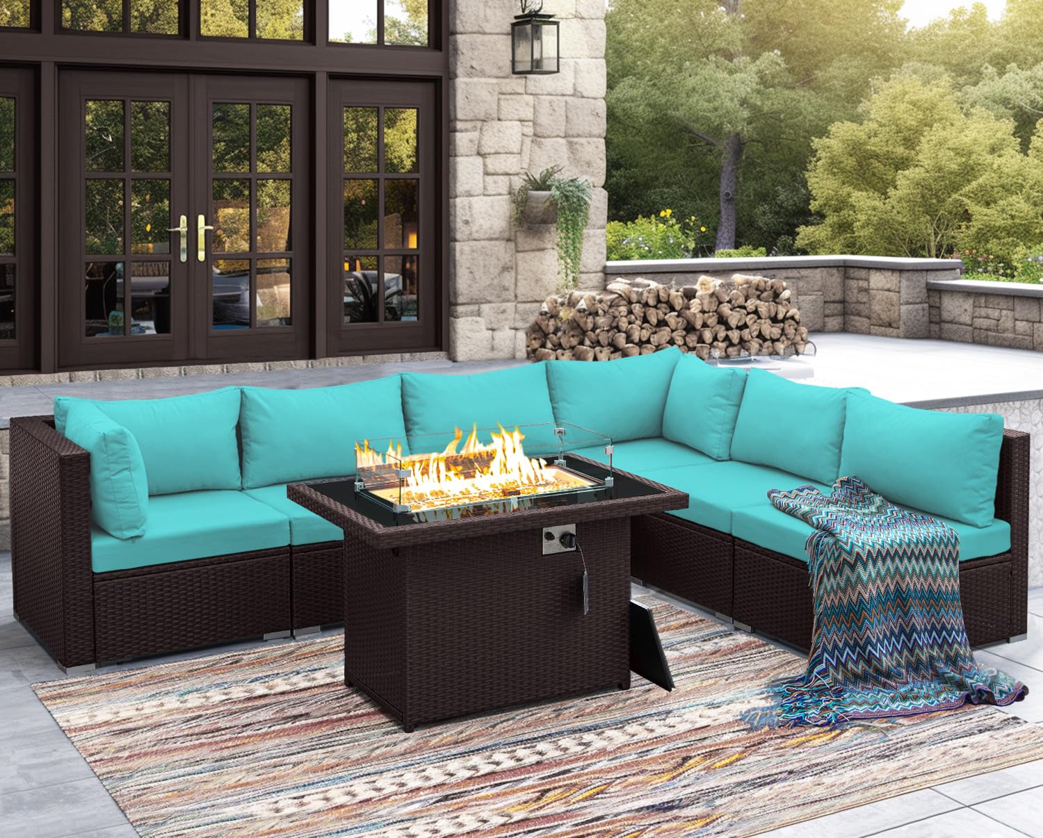 NICESOUL 7 Piece Outdoor Furniture Set with Firepit Natural Gas & Propane, Plus Size Big Modern Patio Conversation Couch, 29.3 High Back Comfy