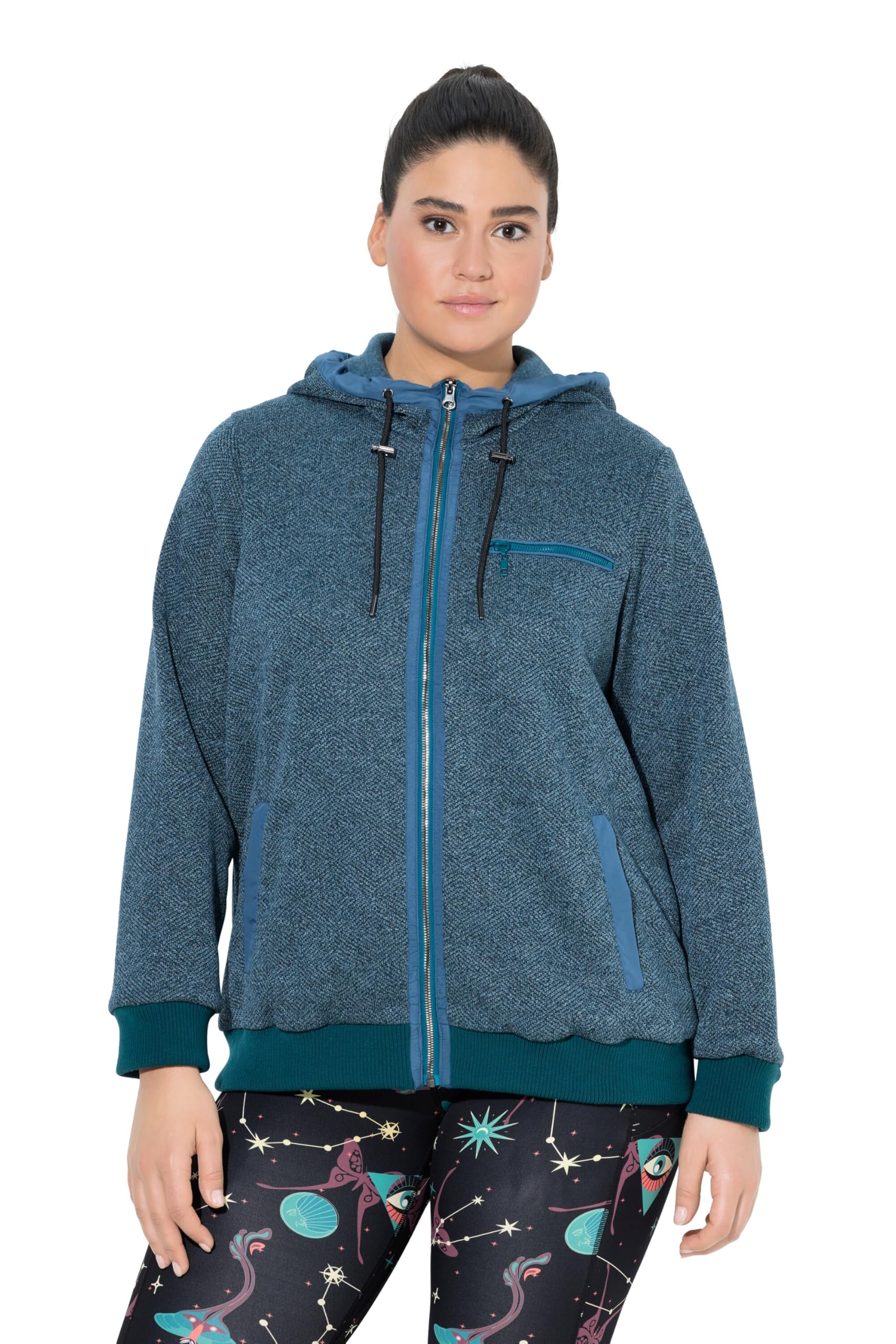 Ulla Popken Damen große Größen Übergrößen Plus Size Strickfleece-Jacke, grafisches Muster, Kapuze 833572